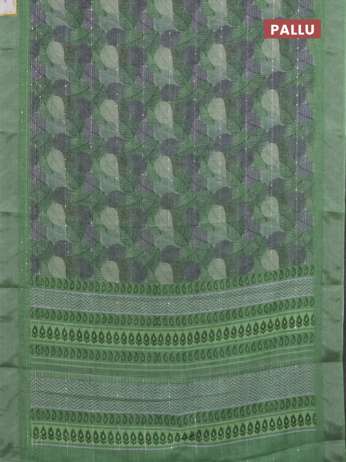 Linen cotton saree light green with allover leaf prints & sequin work and silver zari woven border - Image 3