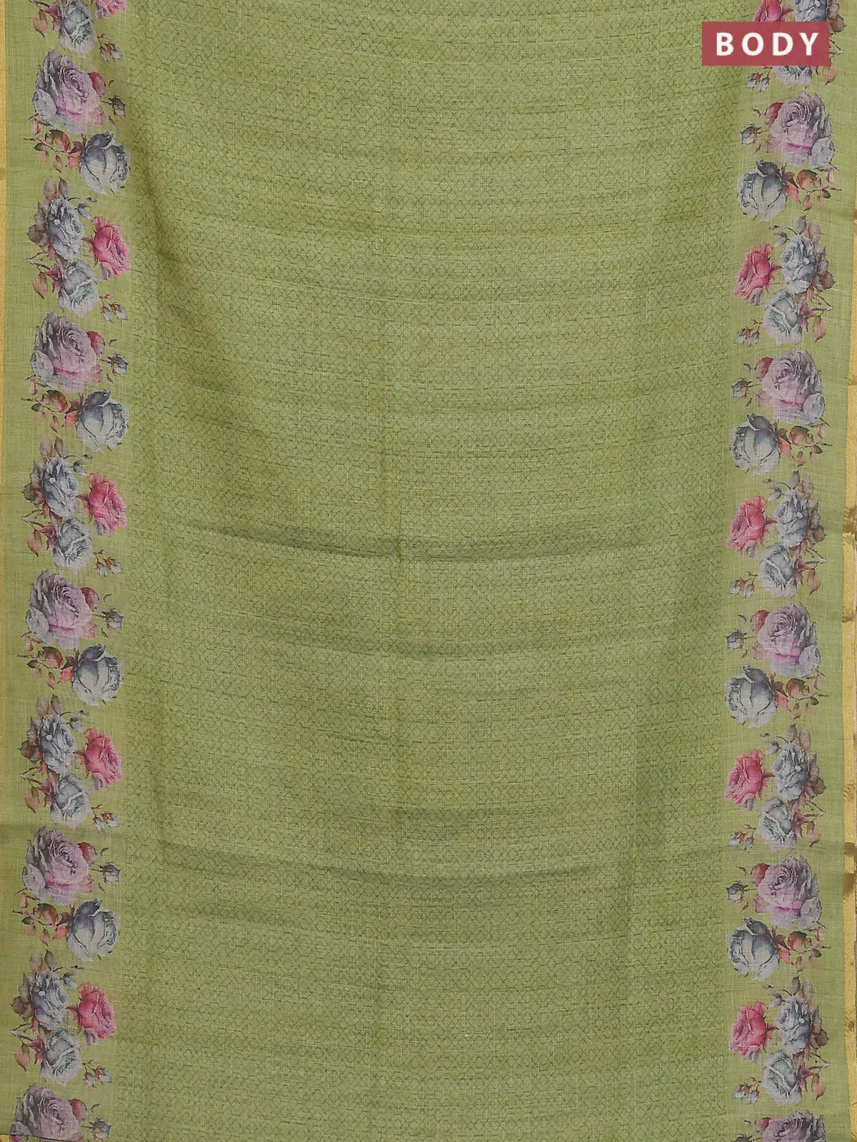 Linen cotton saree light green with allover prints and printed border - Image 2