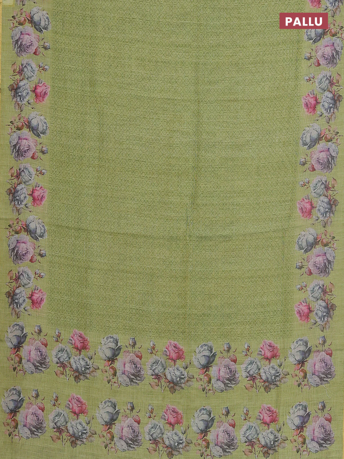 Linen cotton saree light green with allover prints and printed border - Image 3