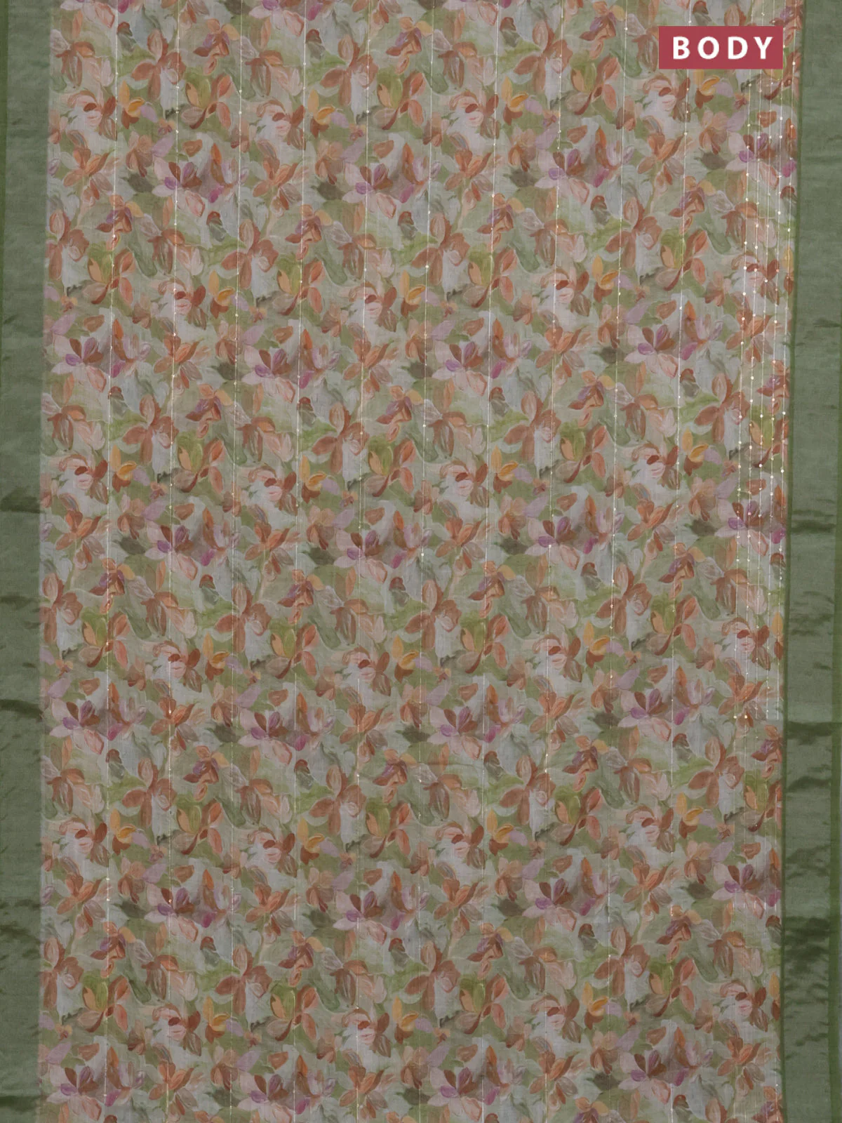 Linen cotton saree light green with floral prints & sequin work and silver zari woven border - Image 2