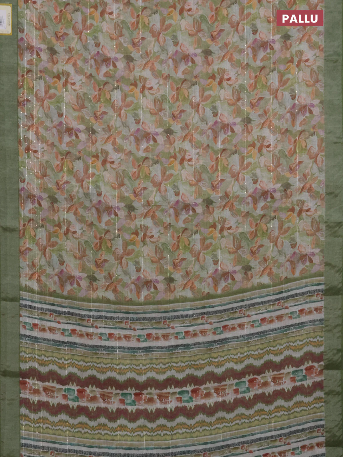 Linen cotton saree light green with floral prints & sequin work and silver zari woven border - Image 3