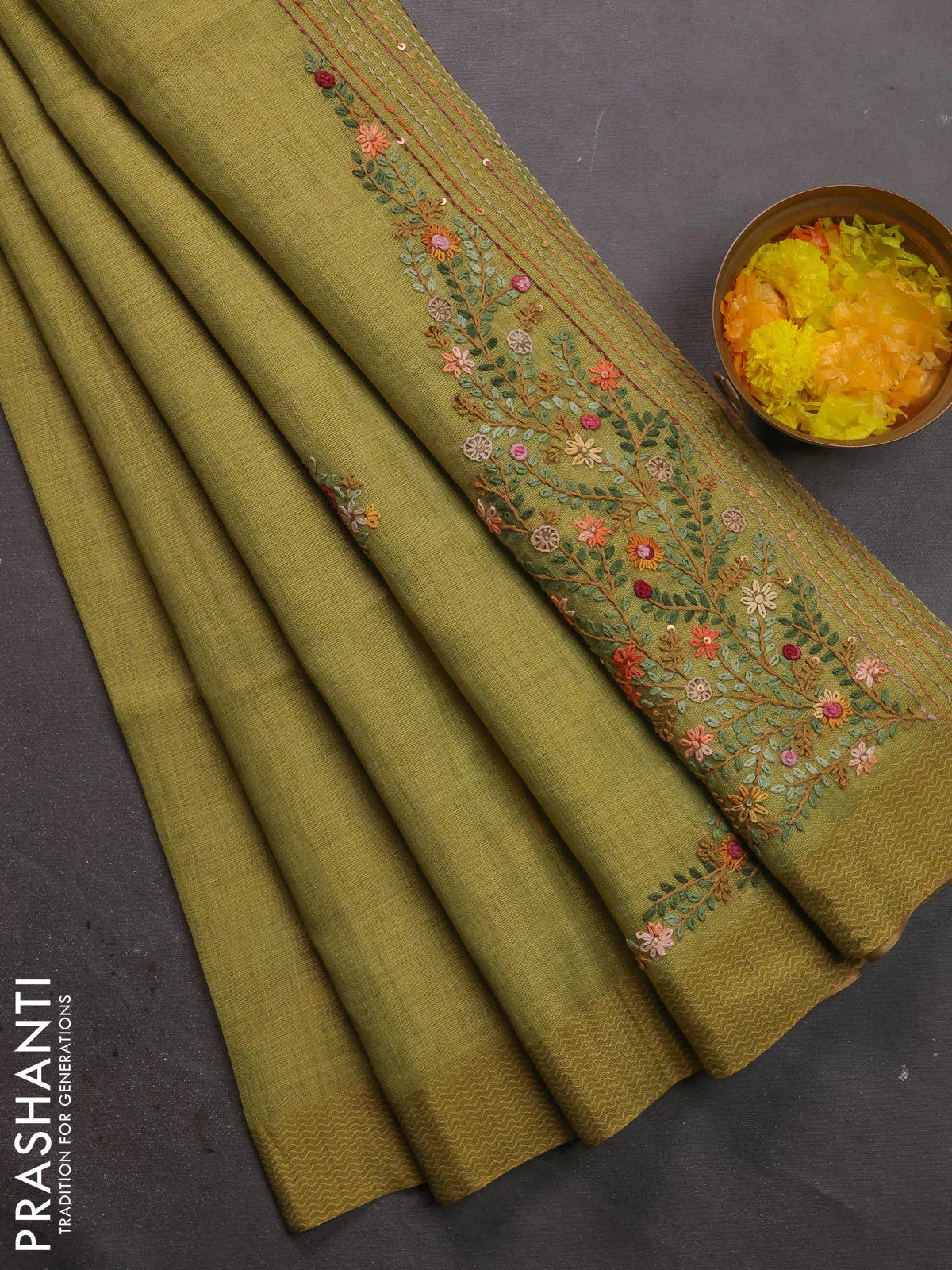 Linen cotton saree light green with kantha stitch work and printed border