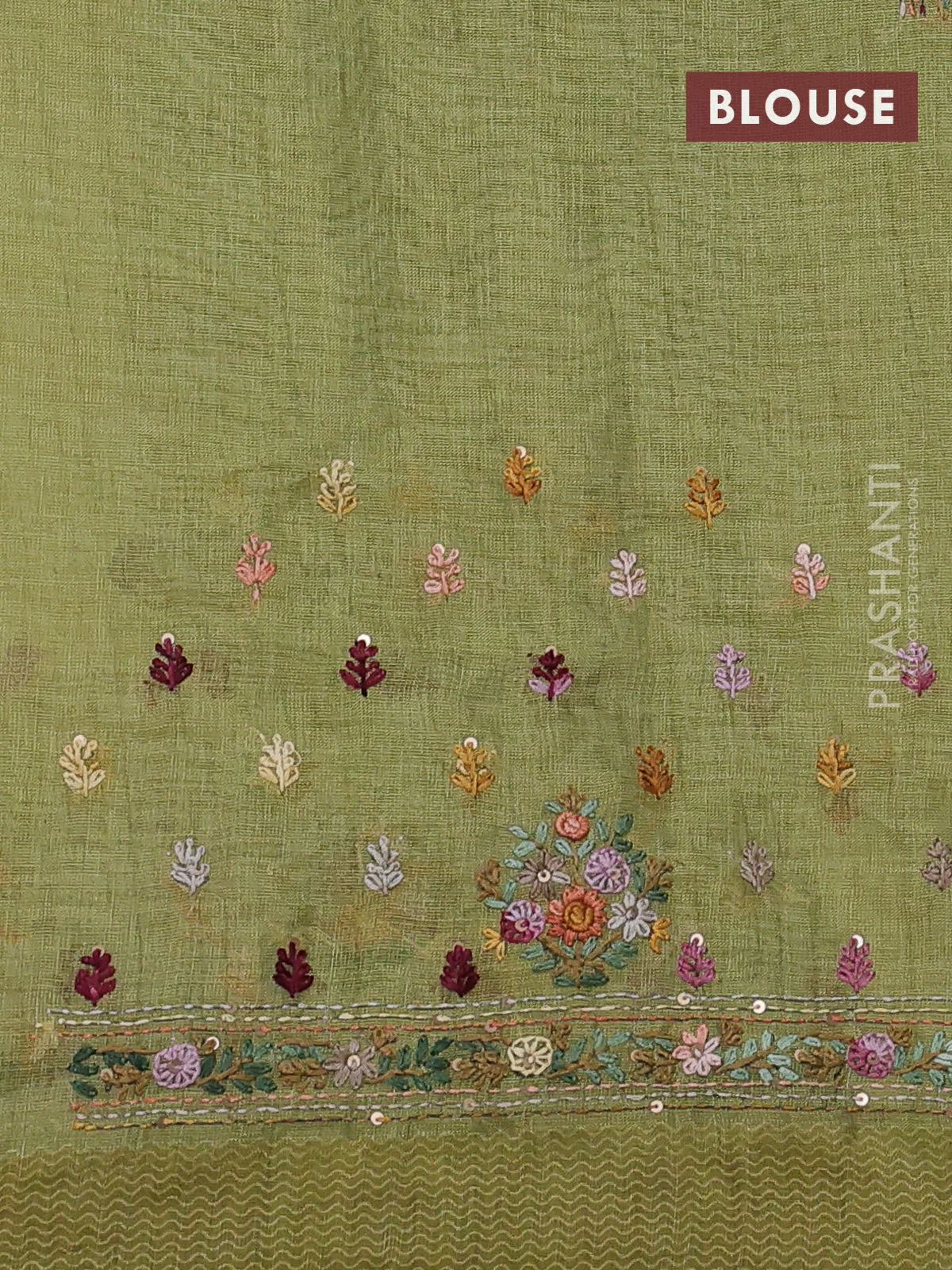 Linen cotton saree light green with kantha stitch work and printed border - Image 3