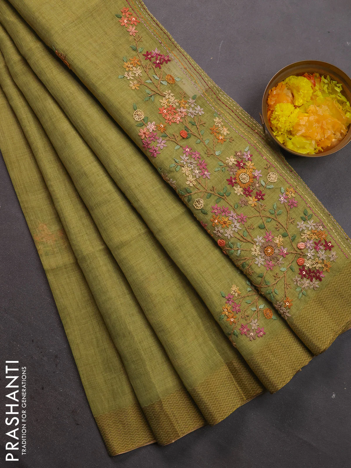 Linen cotton saree light green with kantha stitch work and printed border
