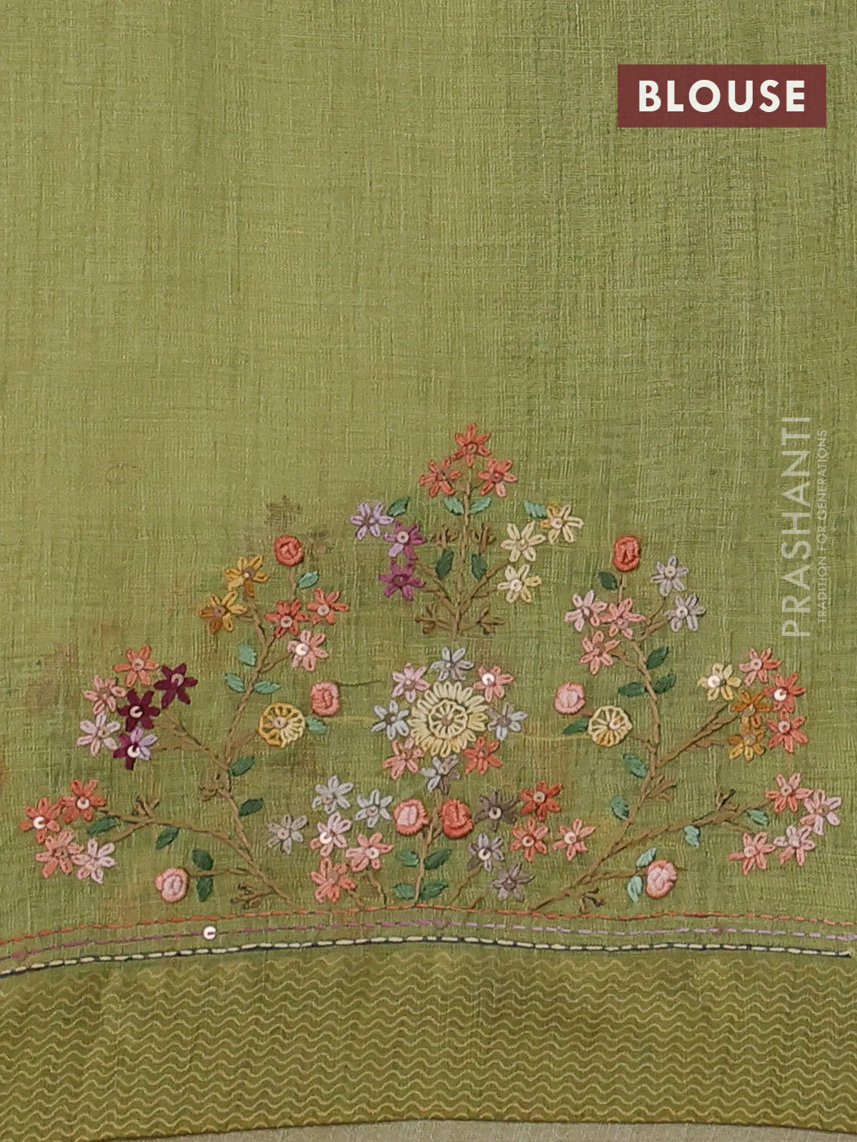 Linen cotton saree light green with kantha stitch work and printed border - Image 3