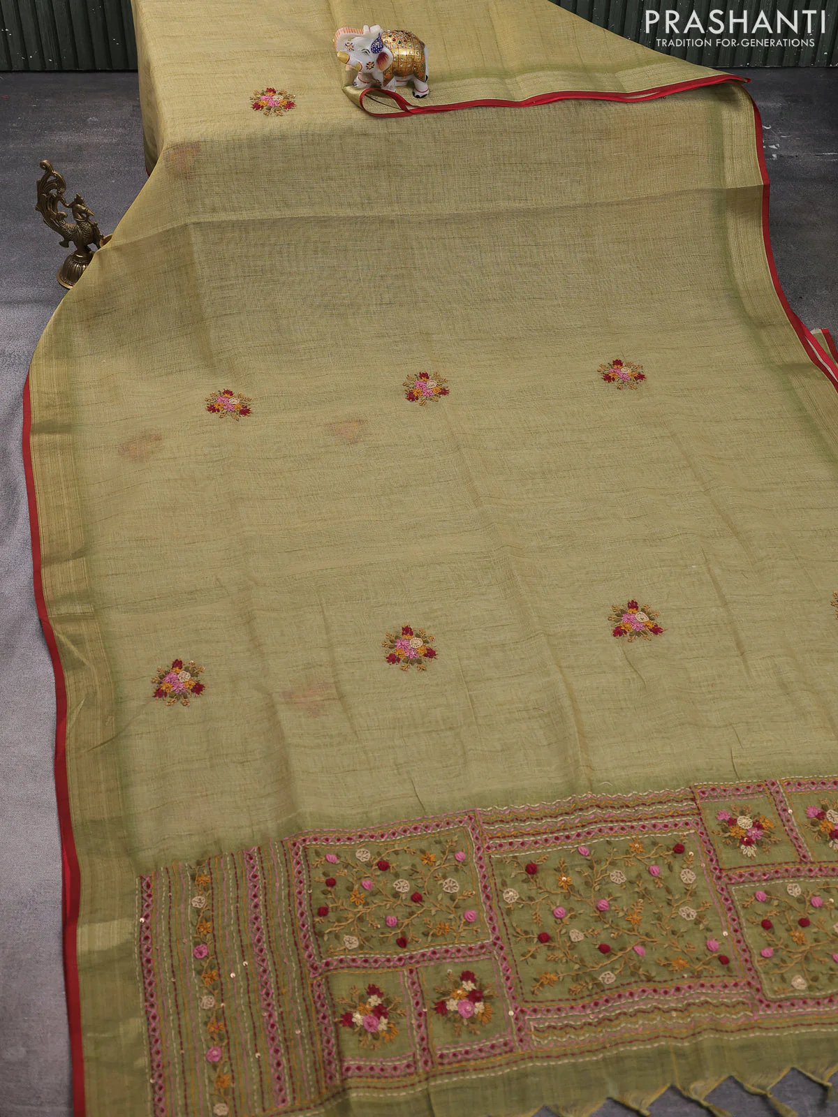 Linen cotton saree light green with kantha stitch work and zari woven border - Image 2
