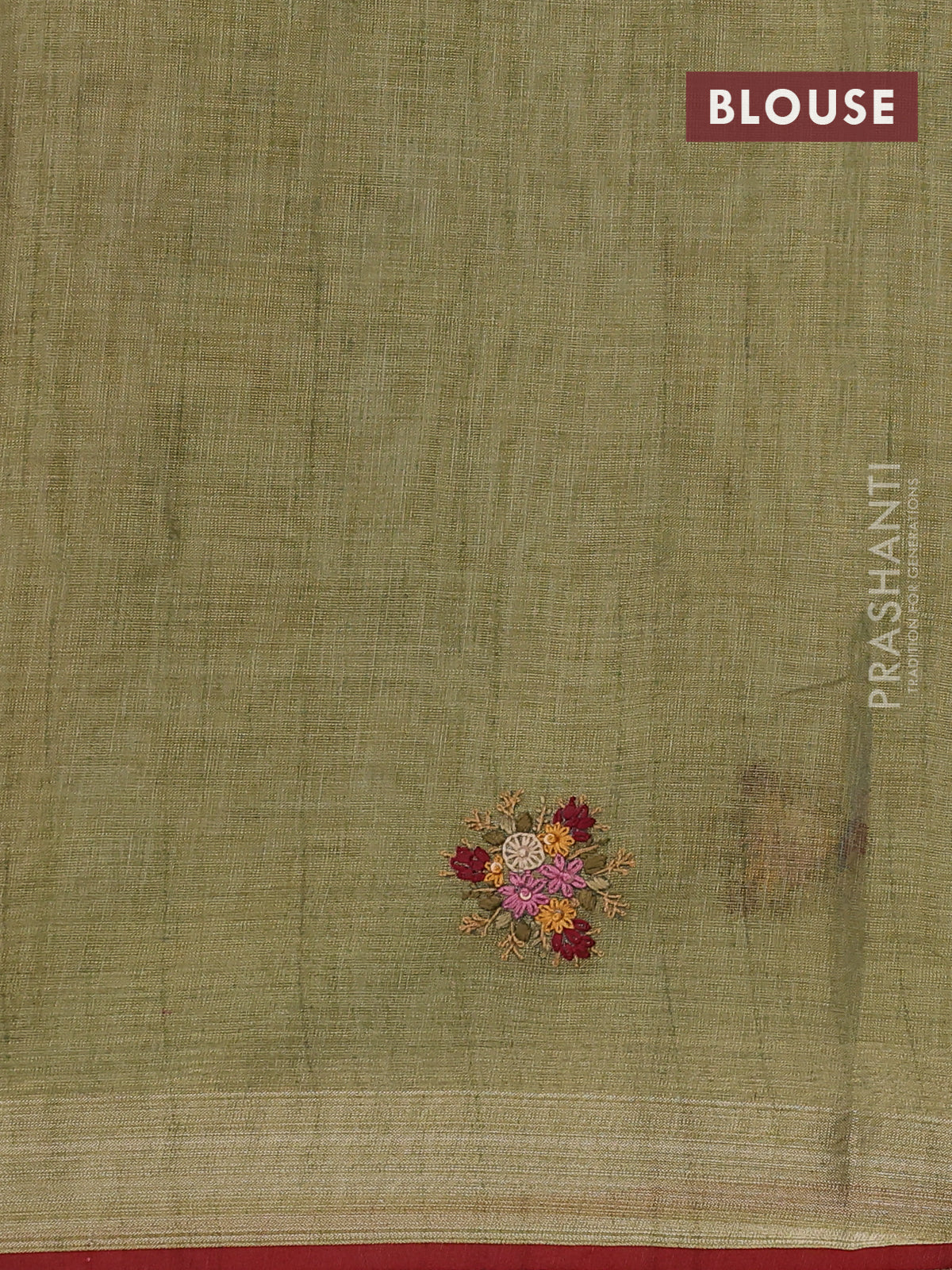 Linen cotton saree light green with kantha stitch work and zari woven border - Image 3
