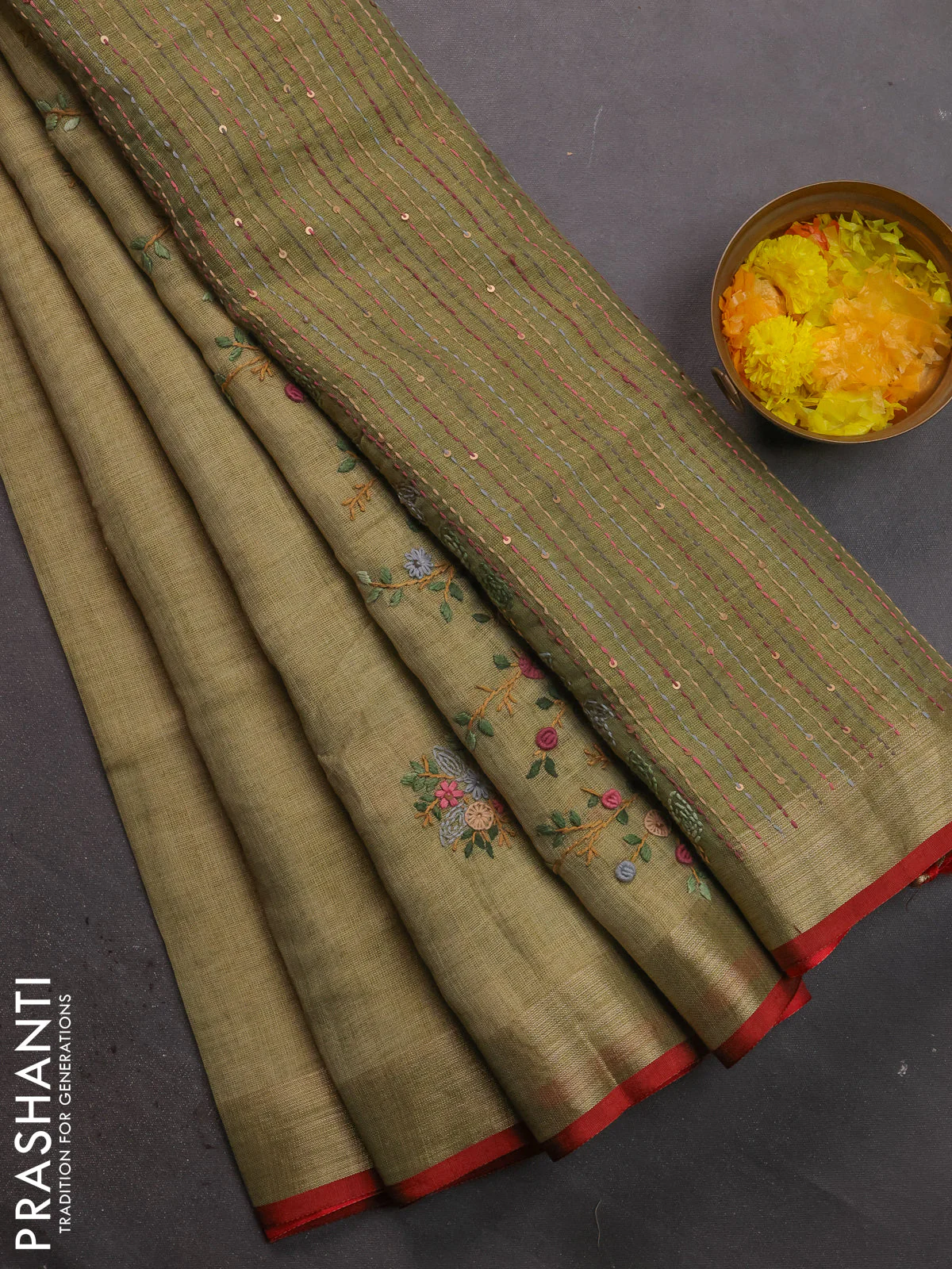 Linen cotton saree light green with kantha stitch work and zari woven border