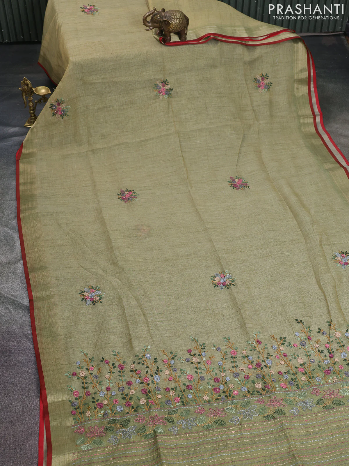 Linen cotton saree light green with kantha stitch work and zari woven border - Image 2