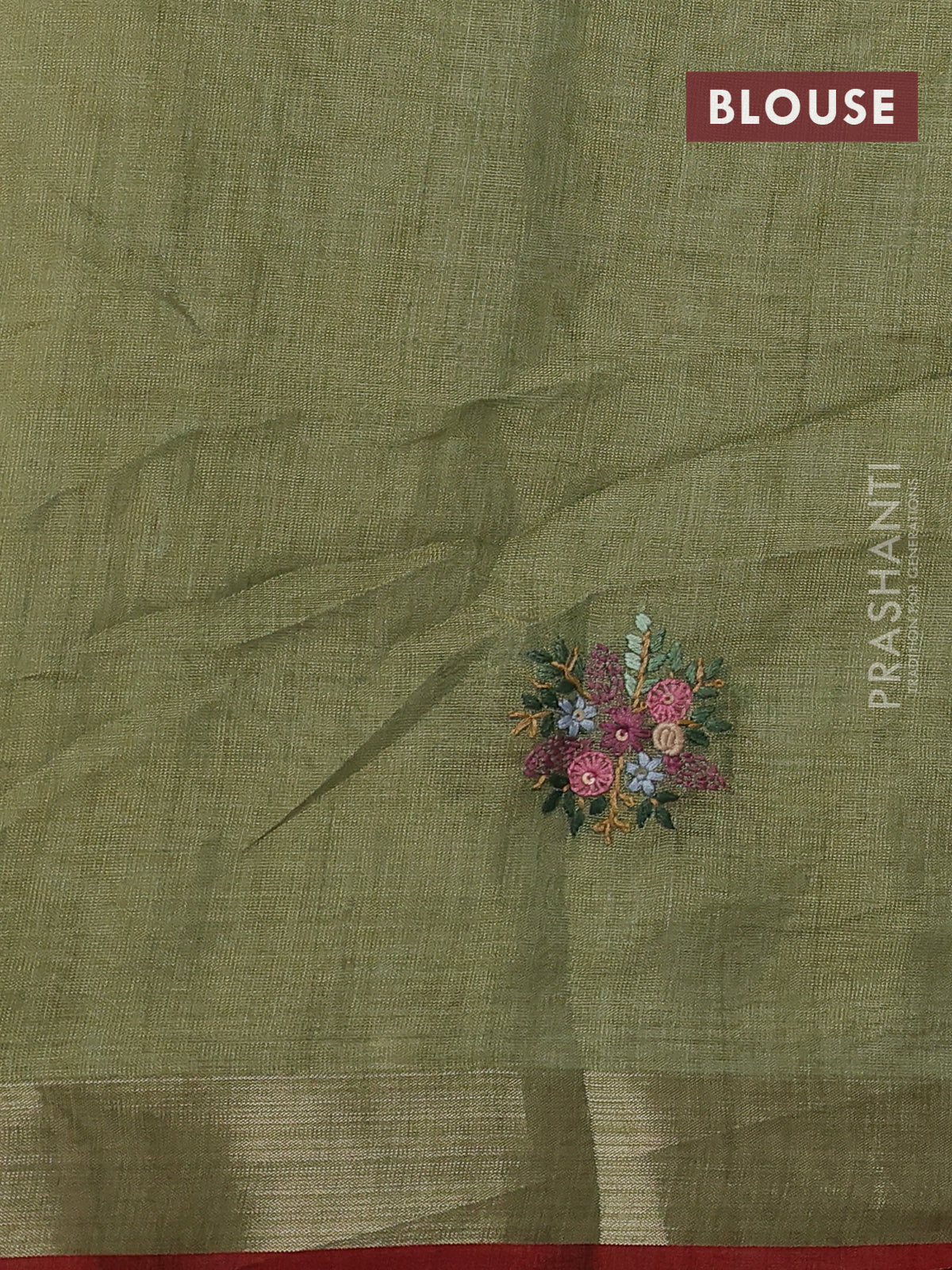 Linen cotton saree light green with kantha stitch work and zari woven border - Image 3