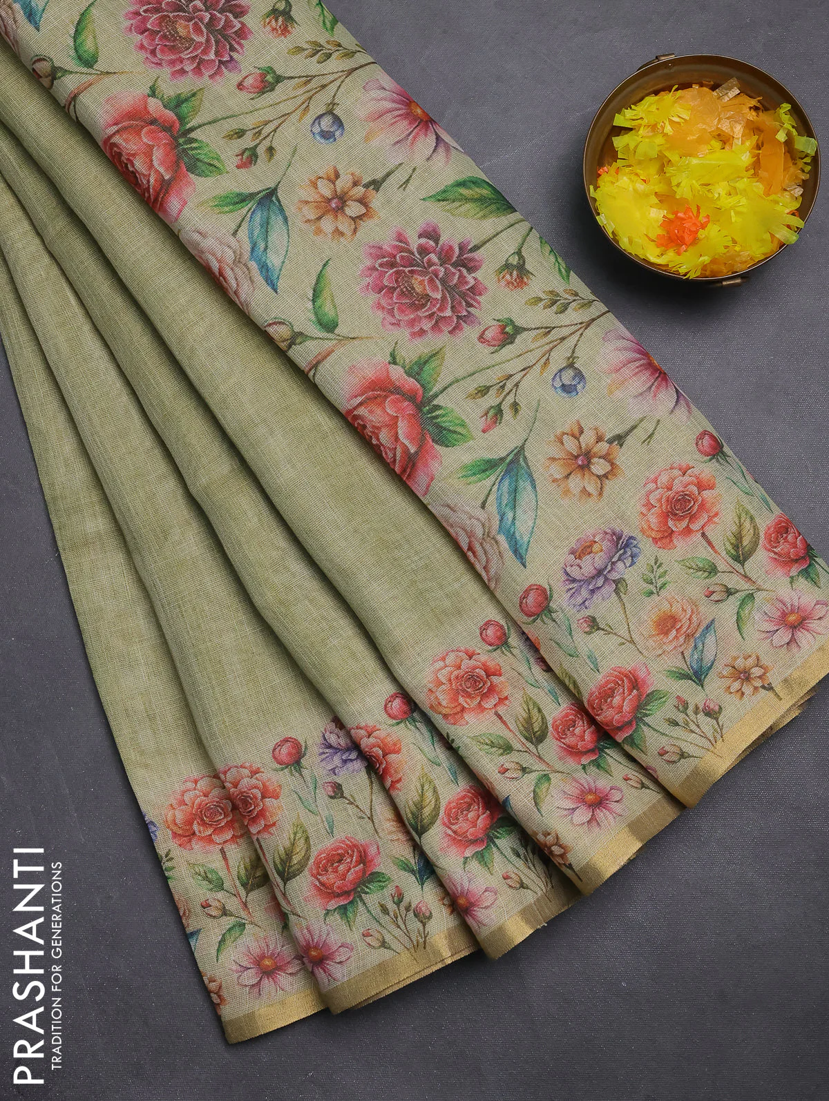 Linen cotton saree light green with plain body and digital printed border
