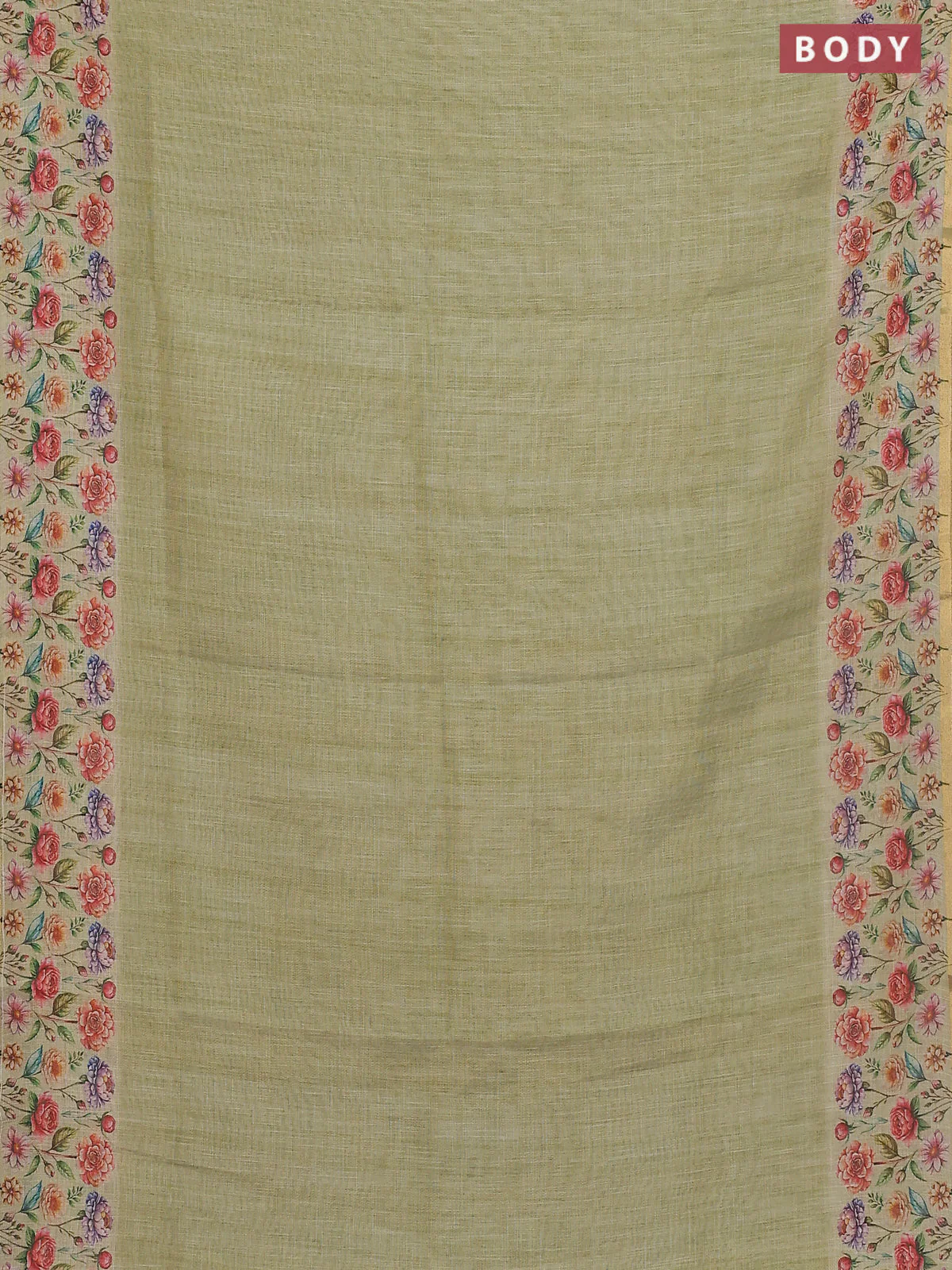 Linen cotton saree light green with plain body and digital printed border - Image 2