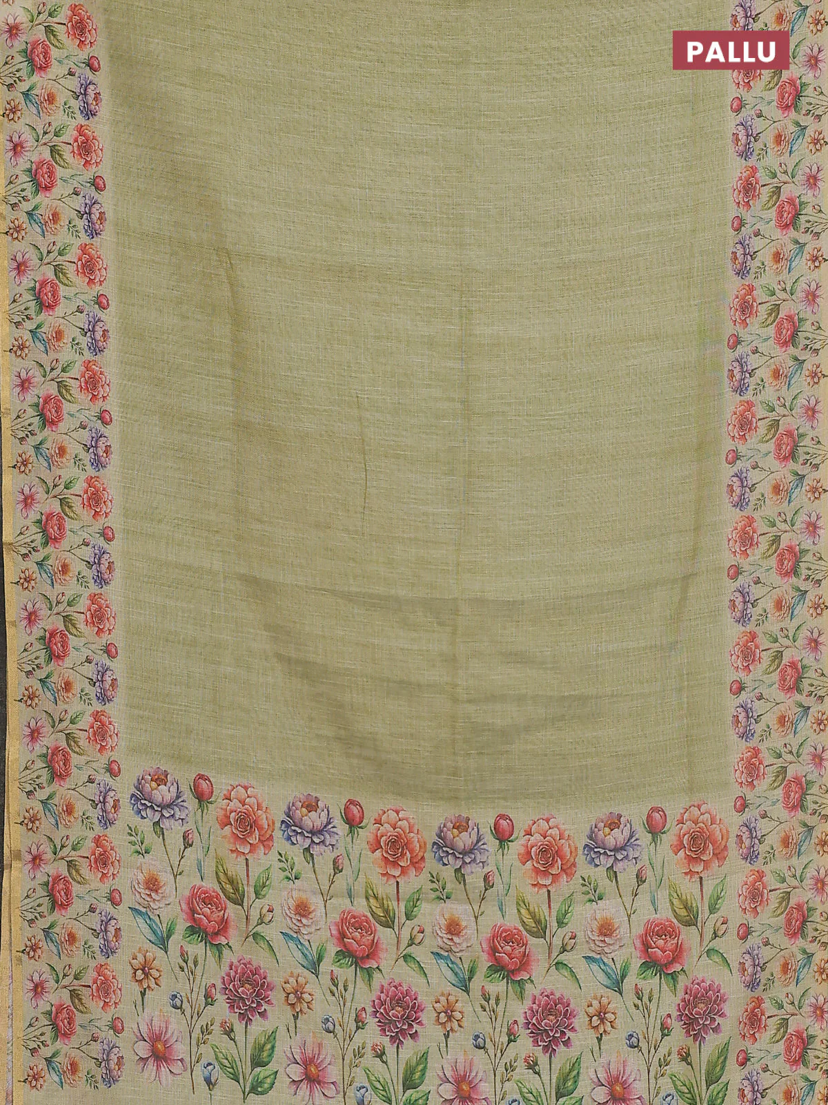 Linen cotton saree light green with plain body and digital printed border - Image 3