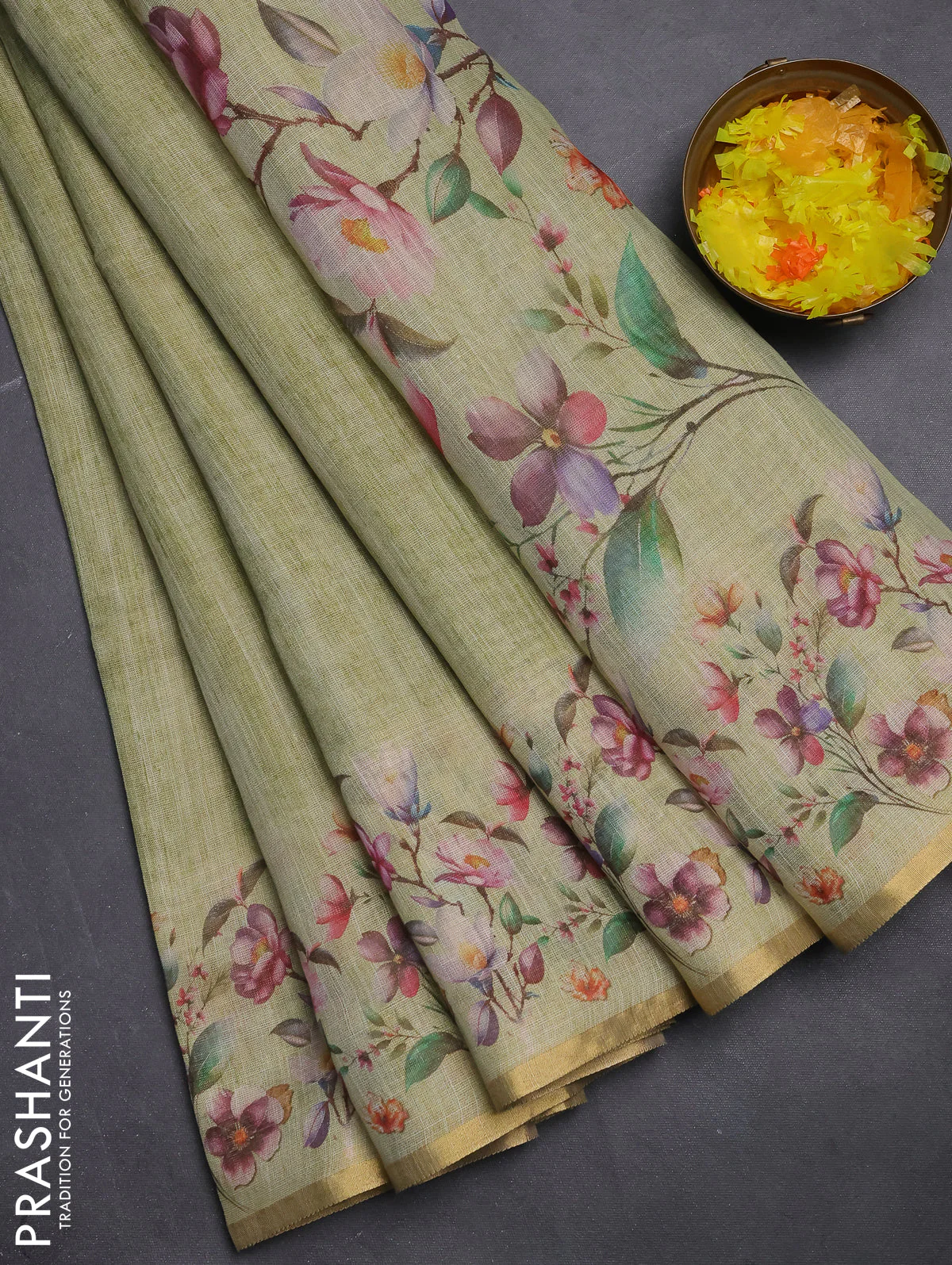 Linen cotton saree light green with plain body and digital printed border
