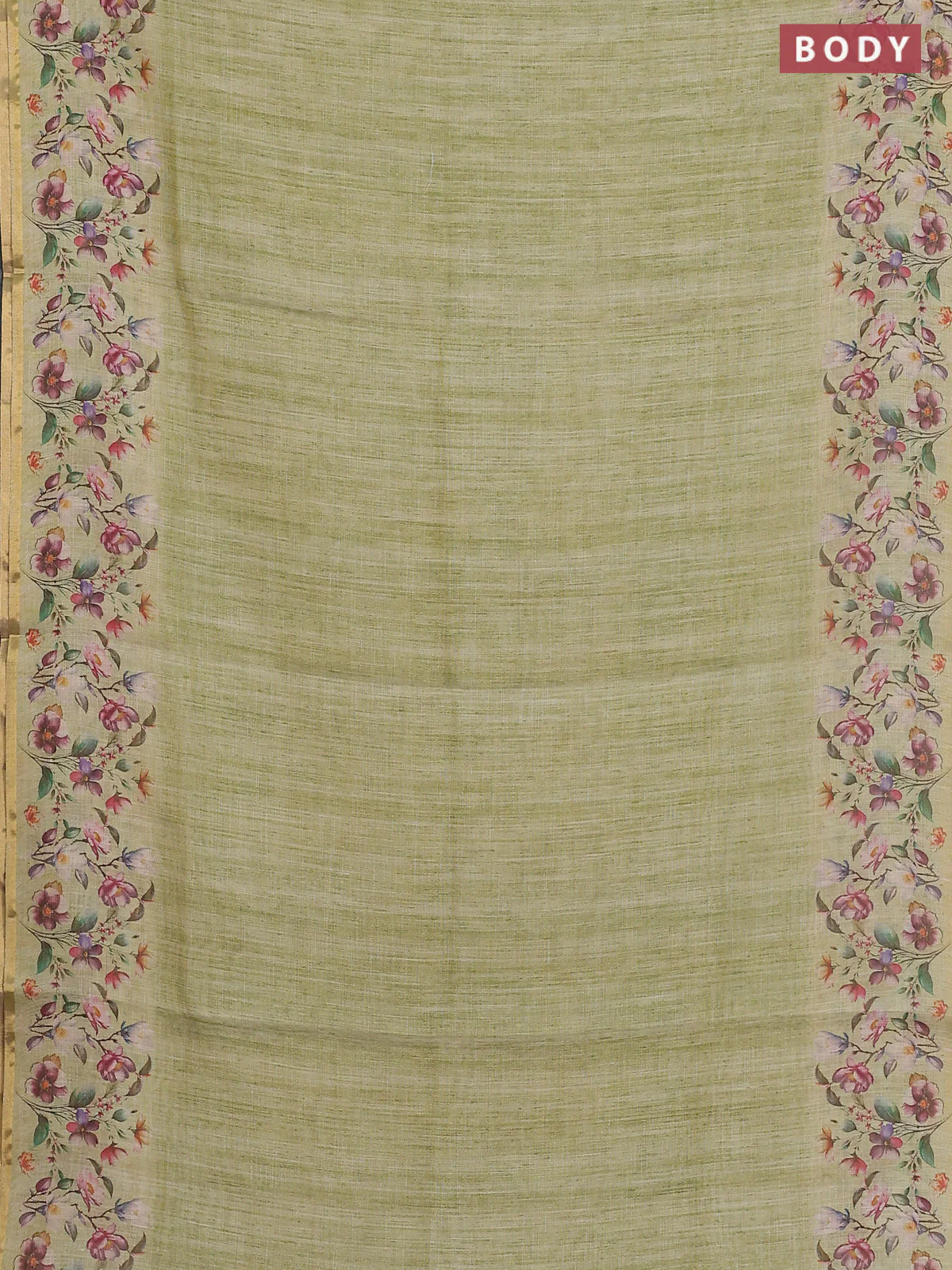 Linen cotton saree light green with plain body and digital printed border - Image 2