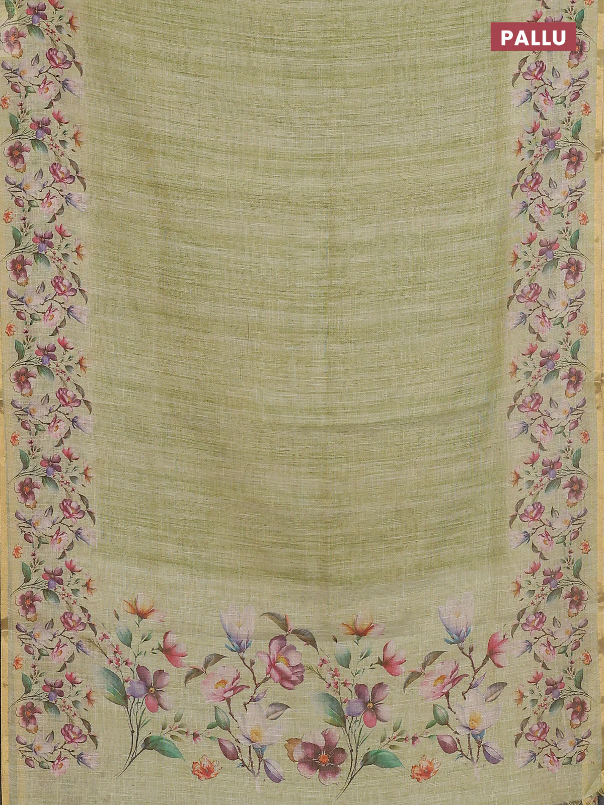 Linen cotton saree light green with plain body and digital printed border - Image 3