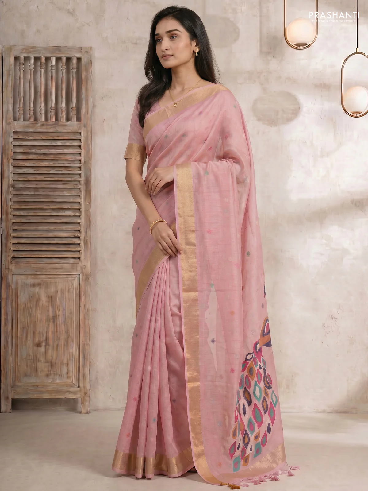 Linen cotton saree light pink with allover thread woven buttas and peacock pallu - Image 2