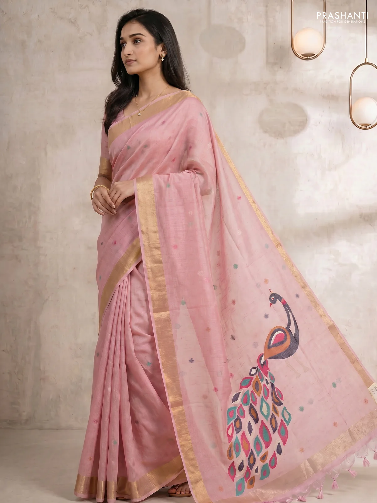 Linen cotton saree light pink with allover thread woven buttas and peacock pallu - Image 3