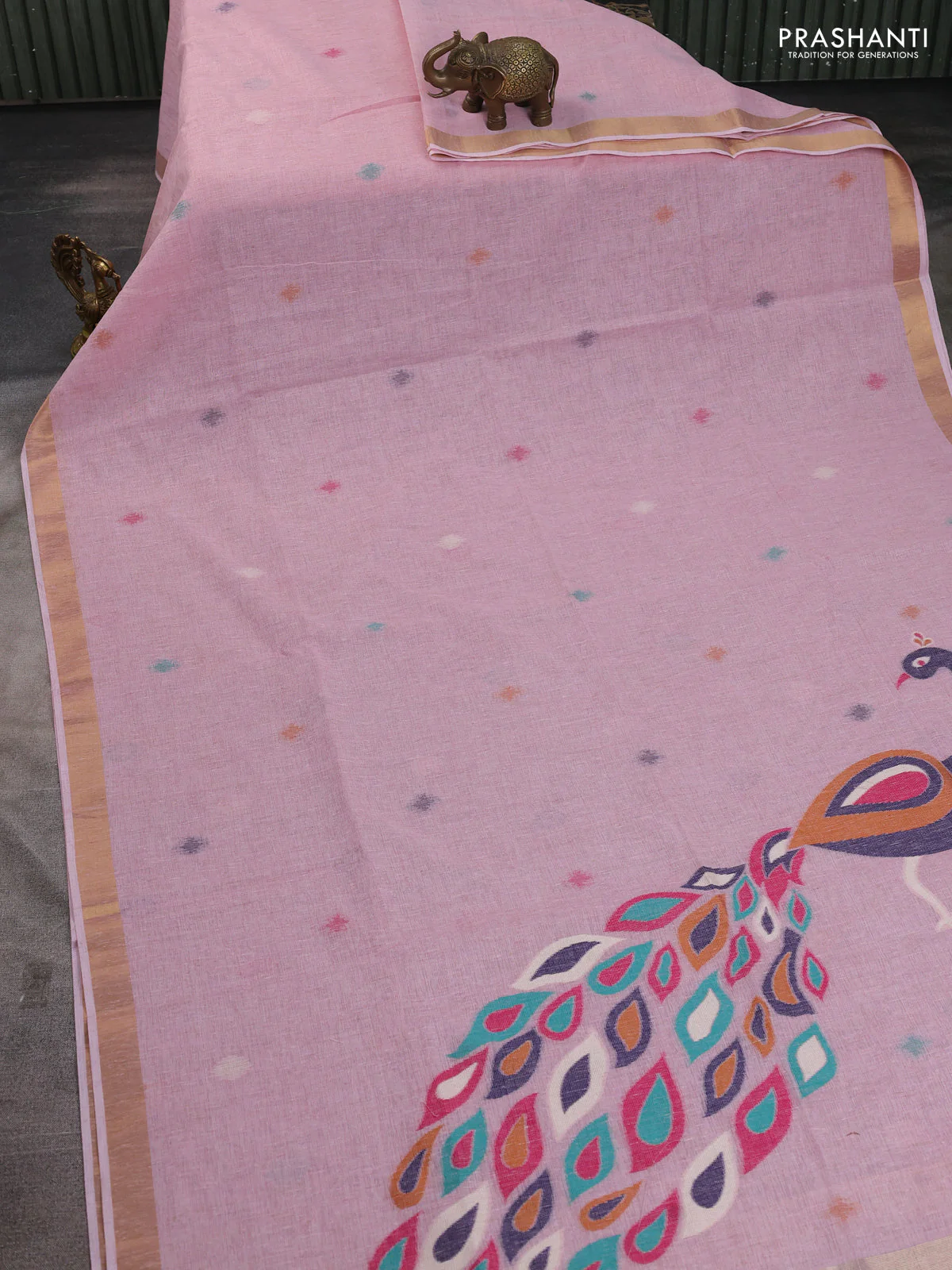 Linen cotton saree light pink with allover thread woven buttas and peacock pallu - Image 4
