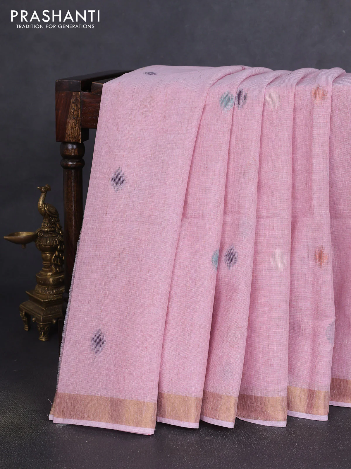 Linen cotton saree light pink with allover thread woven buttas and peacock pallu - Image 5