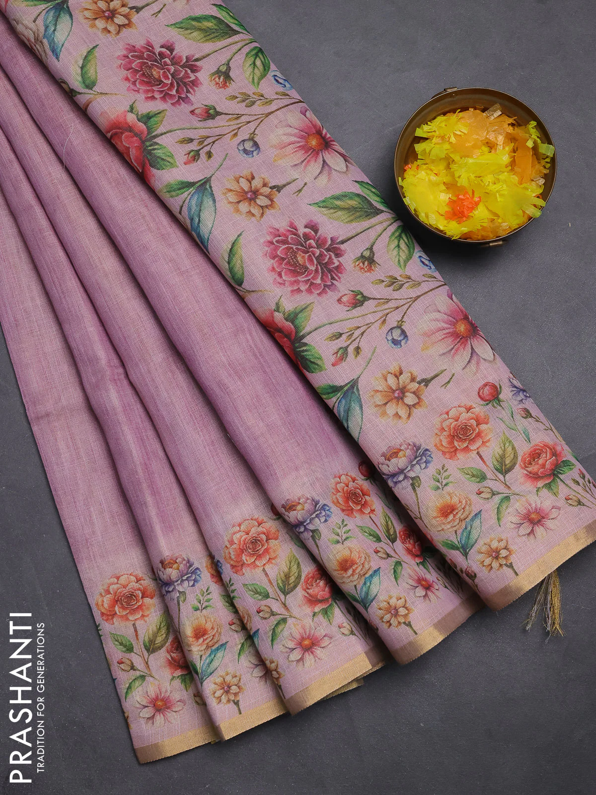 Linen cotton saree light pink with plain body and digital printed border