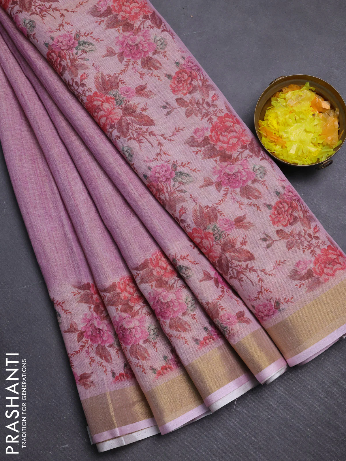 Linen cotton saree light pink with plain body and digital printed border