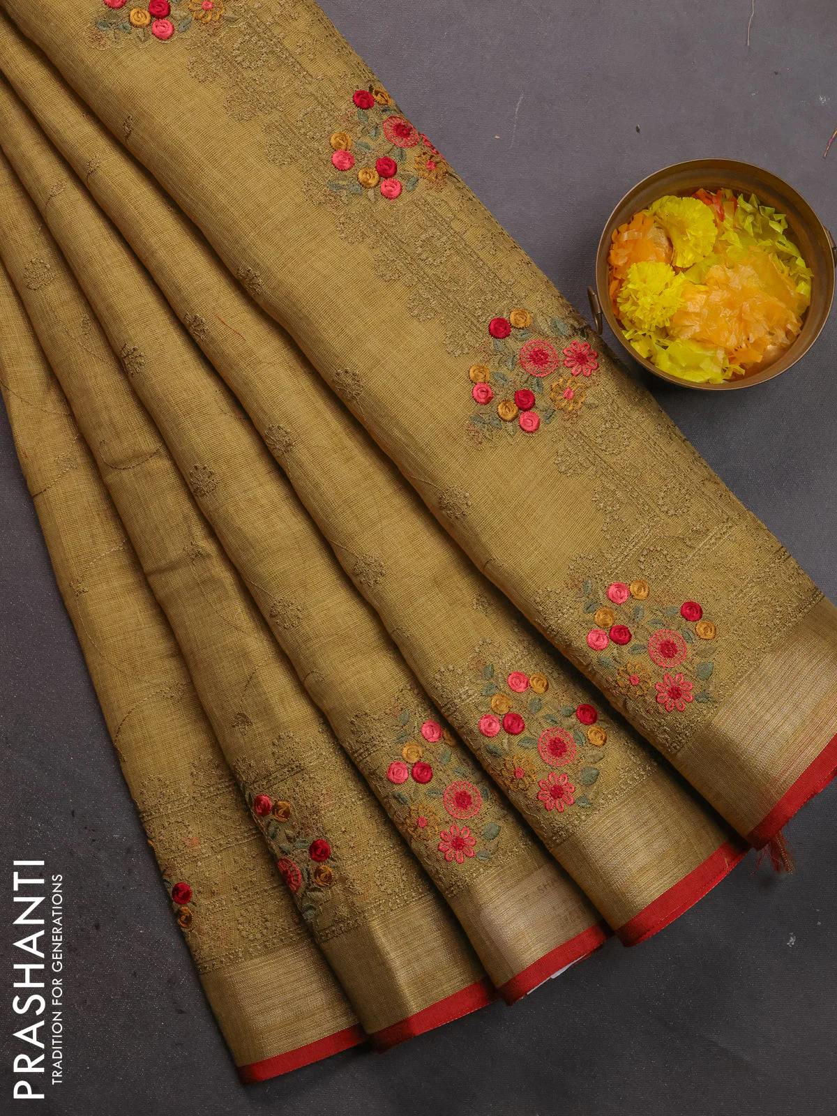 Linen cotton saree lime green with allover embroidery work and embroidered zari border