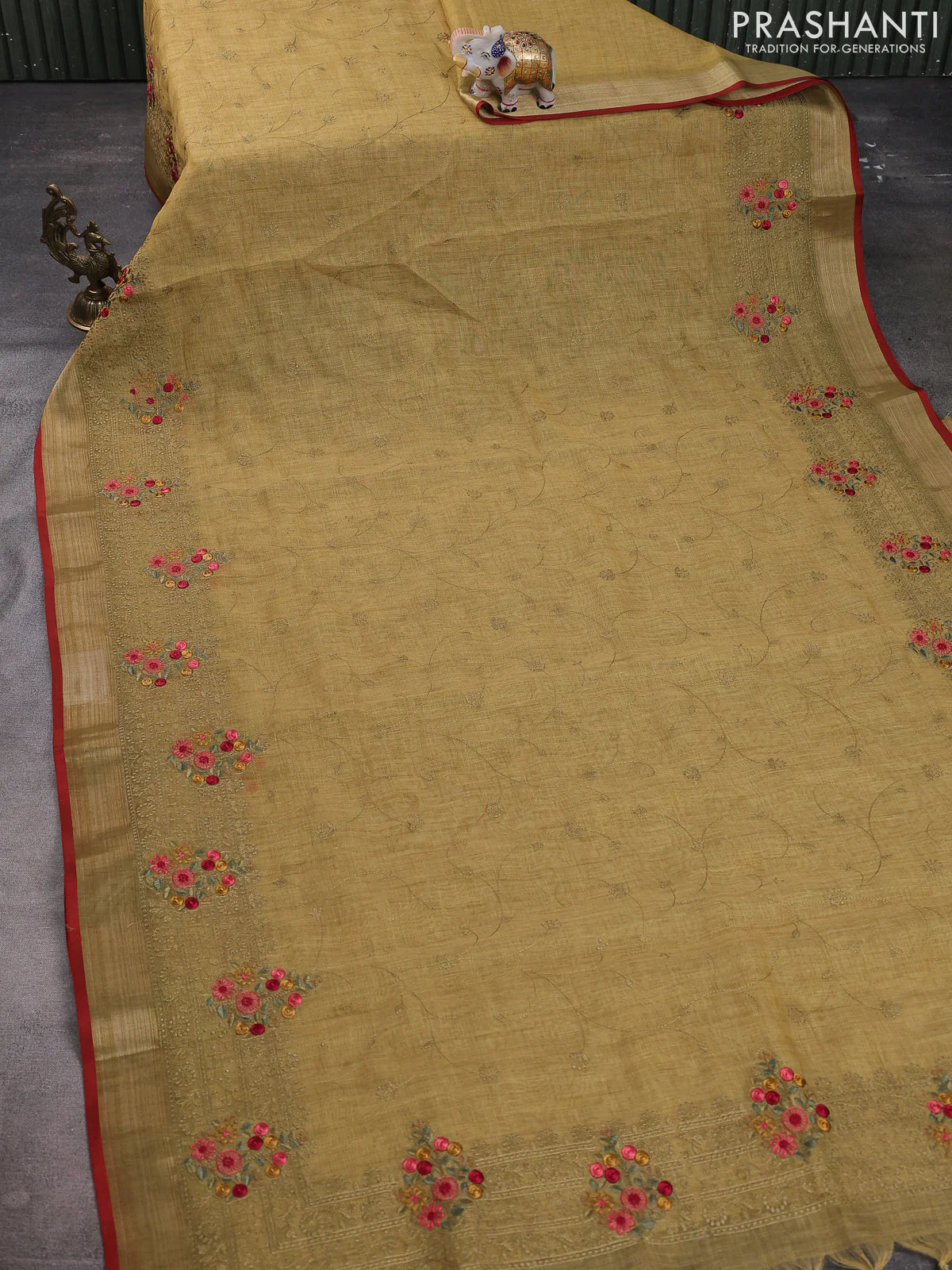 Linen cotton saree lime green with allover embroidery work and embroidered zari border - Image 2