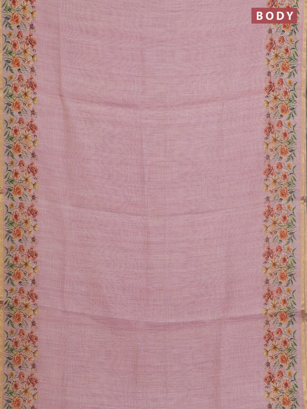 Linen cotton saree lotus pink with plain body and floral printed border - Image 2