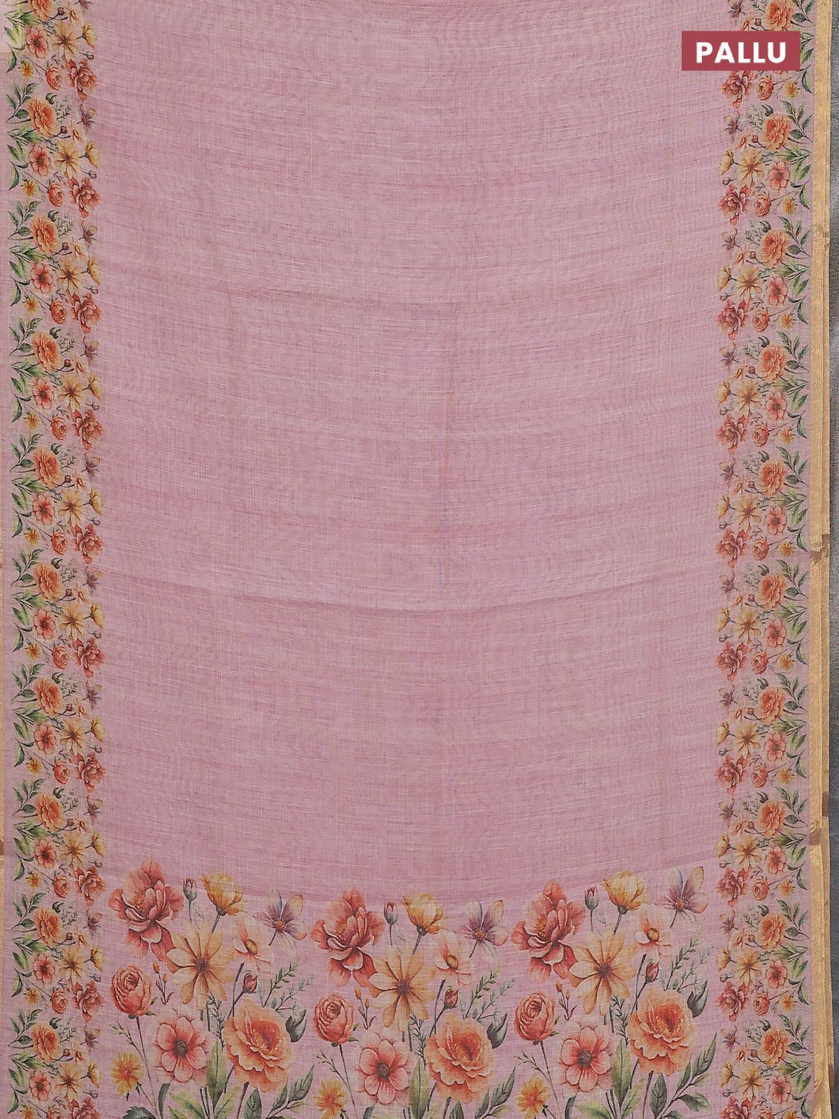 Linen cotton saree lotus pink with plain body and floral printed border - Image 3