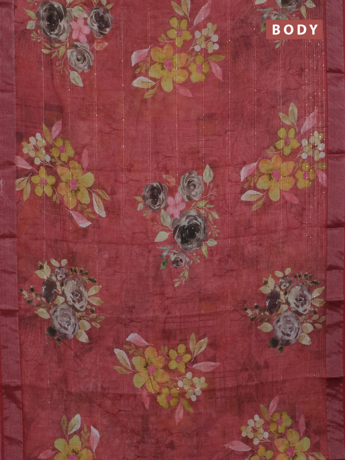 Linen cotton saree maroon shade with allover floral prints & sequin work and silver zari woven border - Image 2