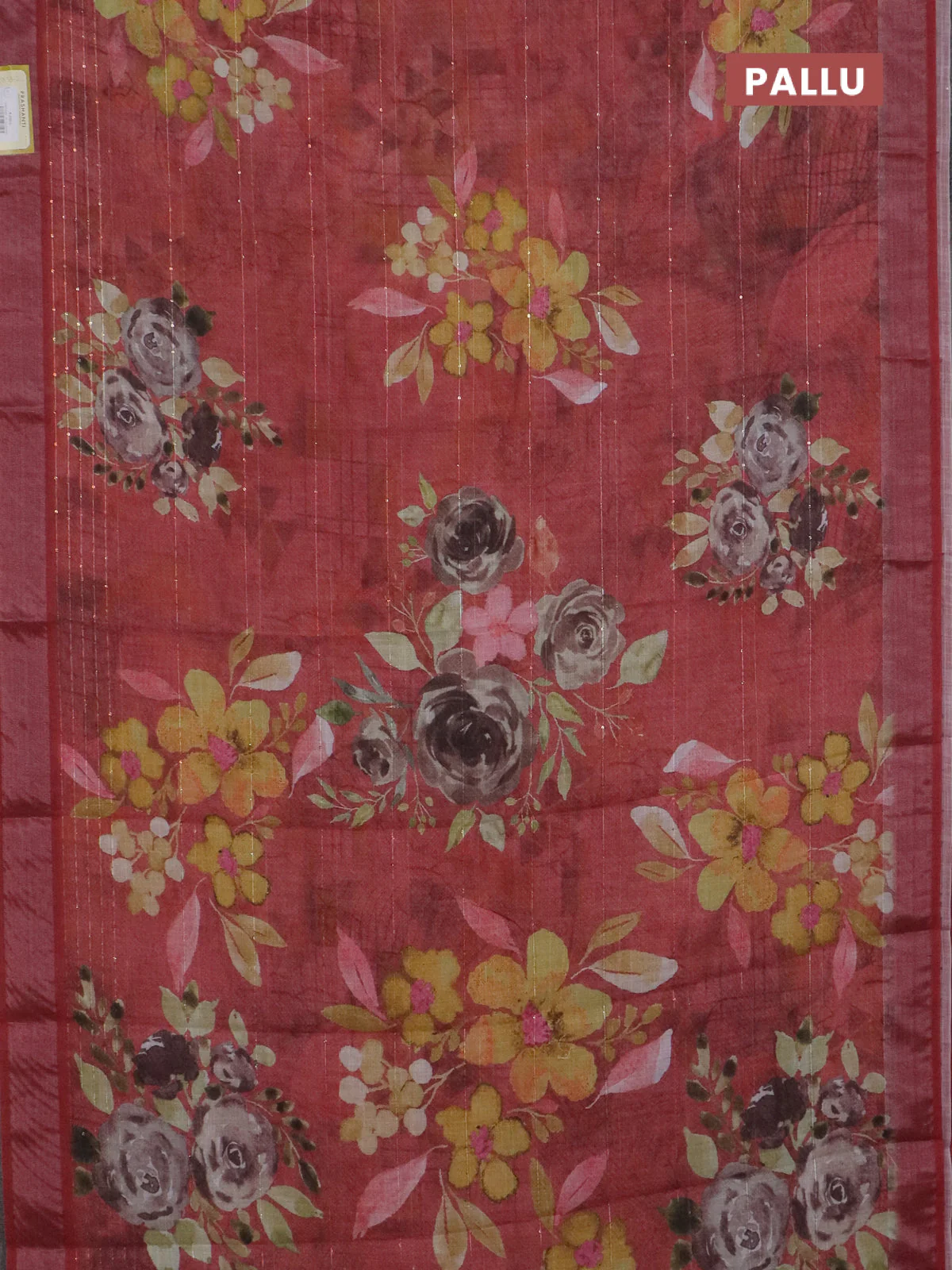 Linen cotton saree maroon shade with allover floral prints & sequin work and silver zari woven border - Image 3