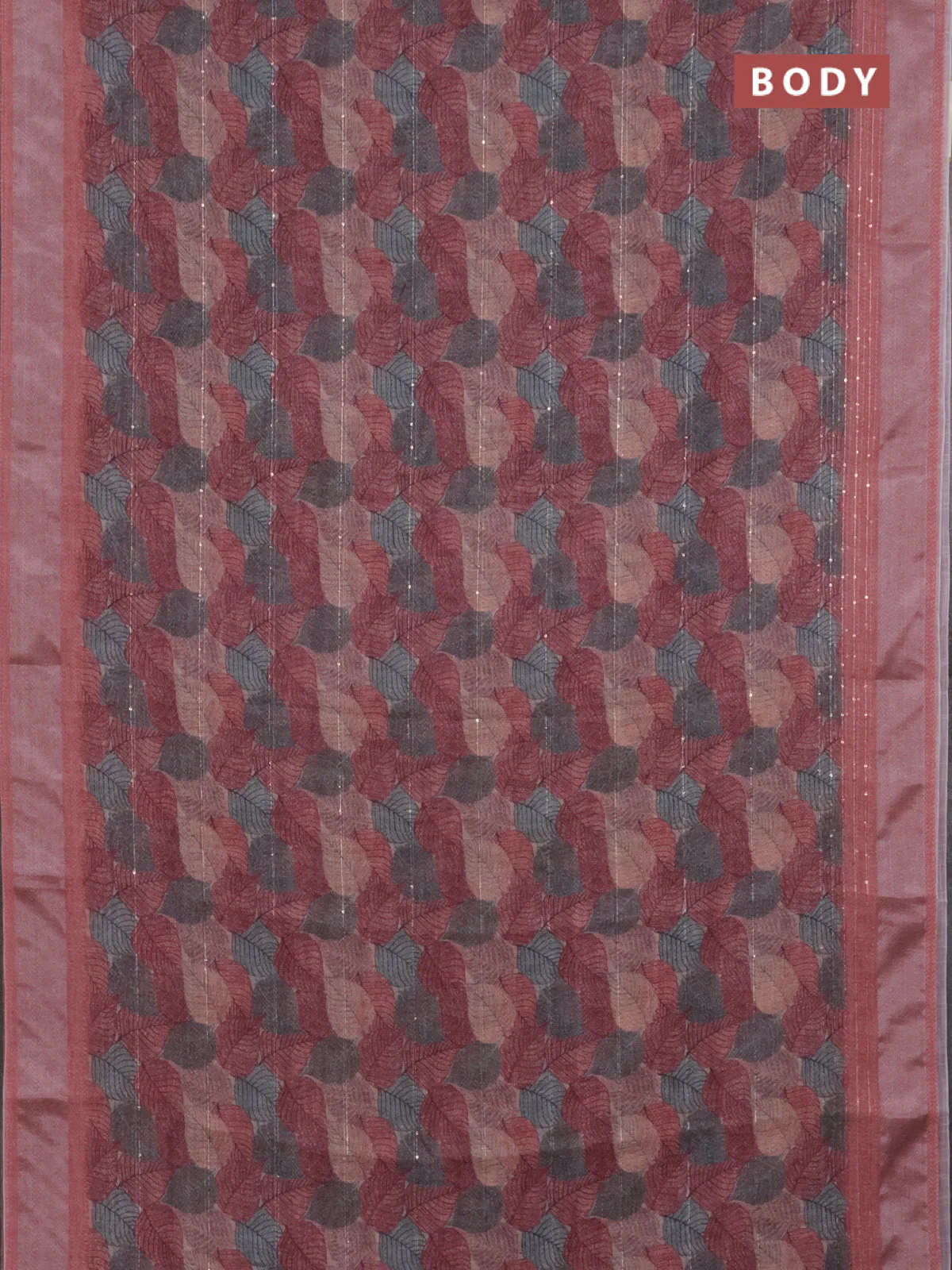 Linen cotton saree maroon shade with allover leaf prints & sequin work and silver zari woven border - Image 2