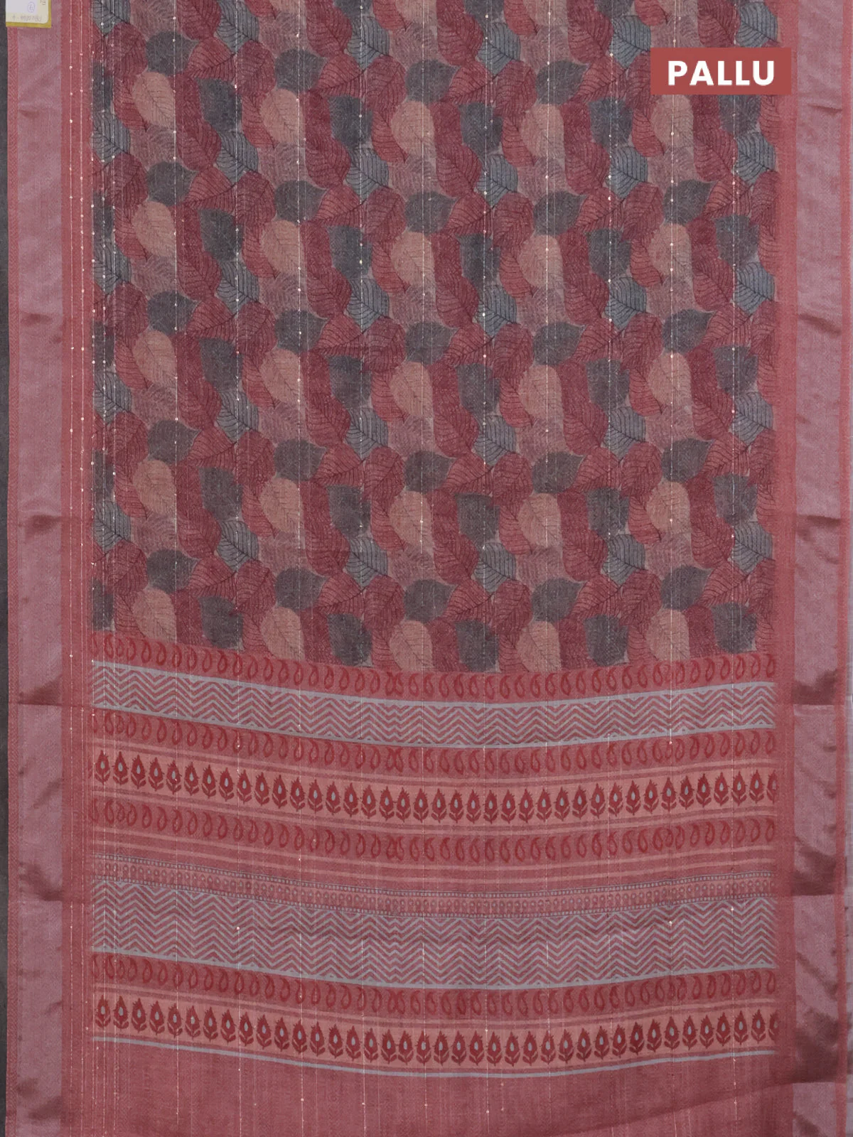 Linen cotton saree maroon shade with allover leaf prints & sequin work and silver zari woven border - Image 3