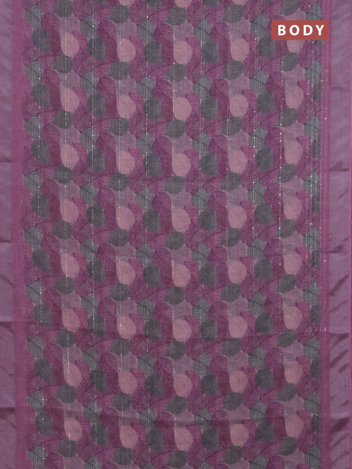 Linen cotton saree mauve pink with allover leaf prints & sequin work and silver zari woven border - Image 2