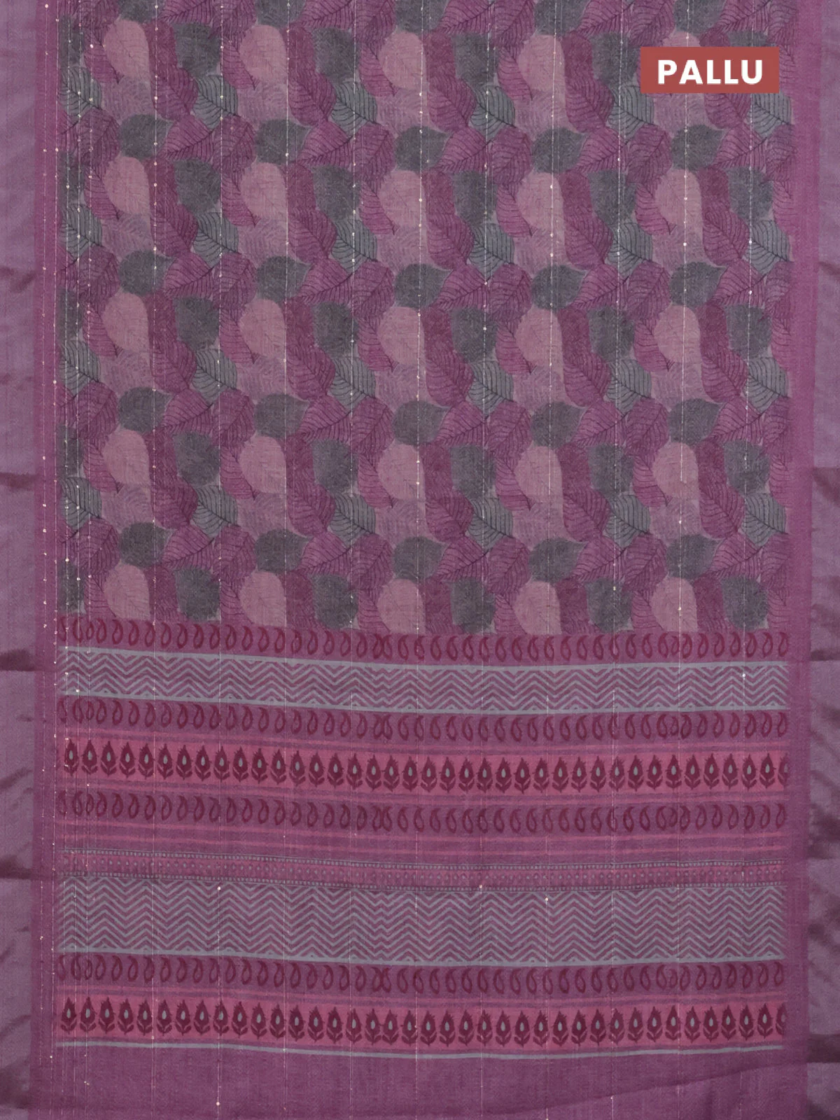 Linen cotton saree mauve pink with allover leaf prints & sequin work and silver zari woven border - Image 3