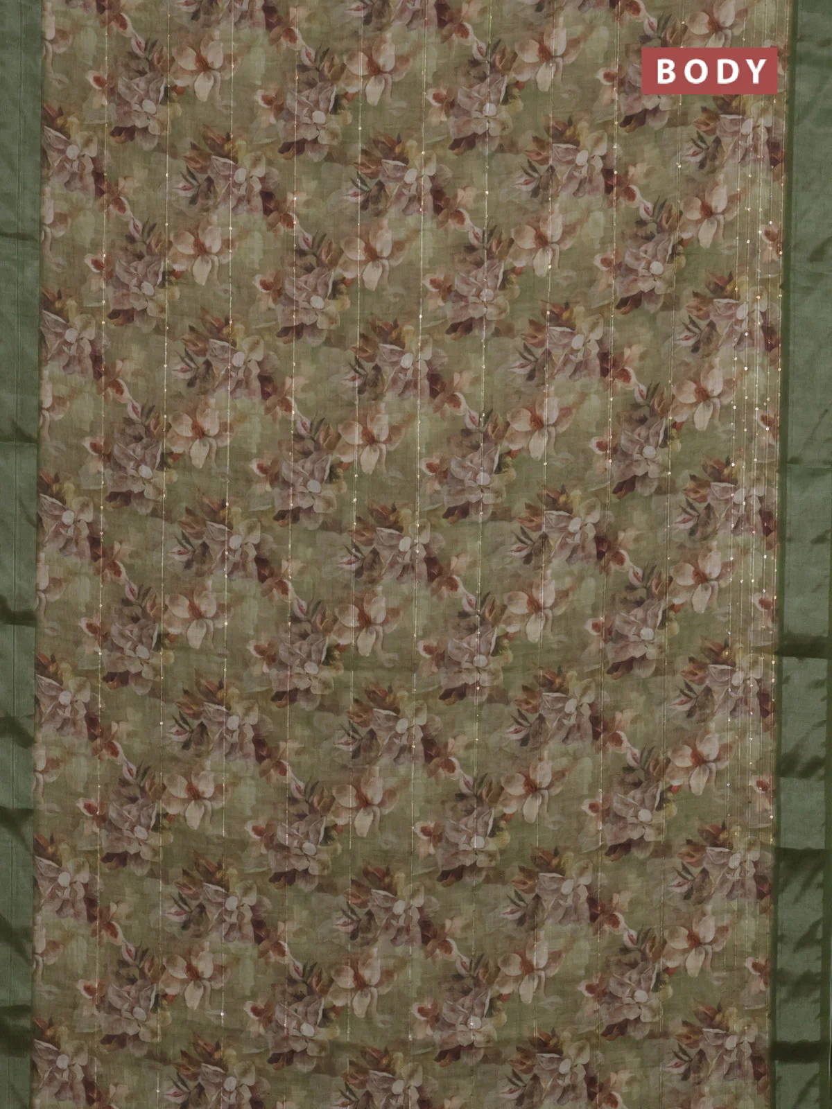 Linen cotton saree mehendi green with floral prints & sequin work and silver zari woven border - Image 2