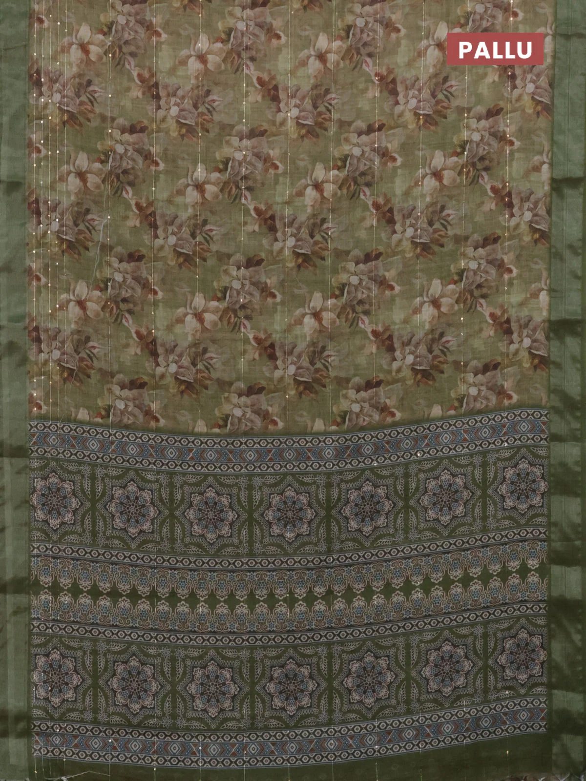 Linen cotton saree mehendi green with floral prints & sequin work and silver zari woven border - Image 3