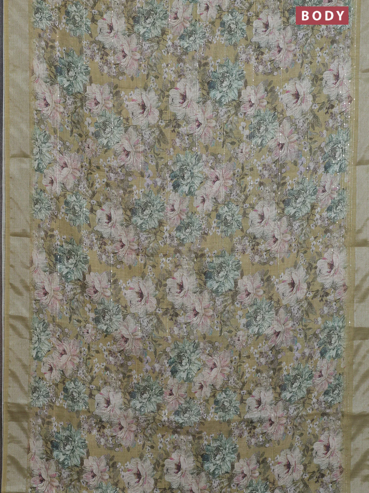Linen cotton saree mehendi green with floral prints & sequin work and silver zari woven border - Image 2