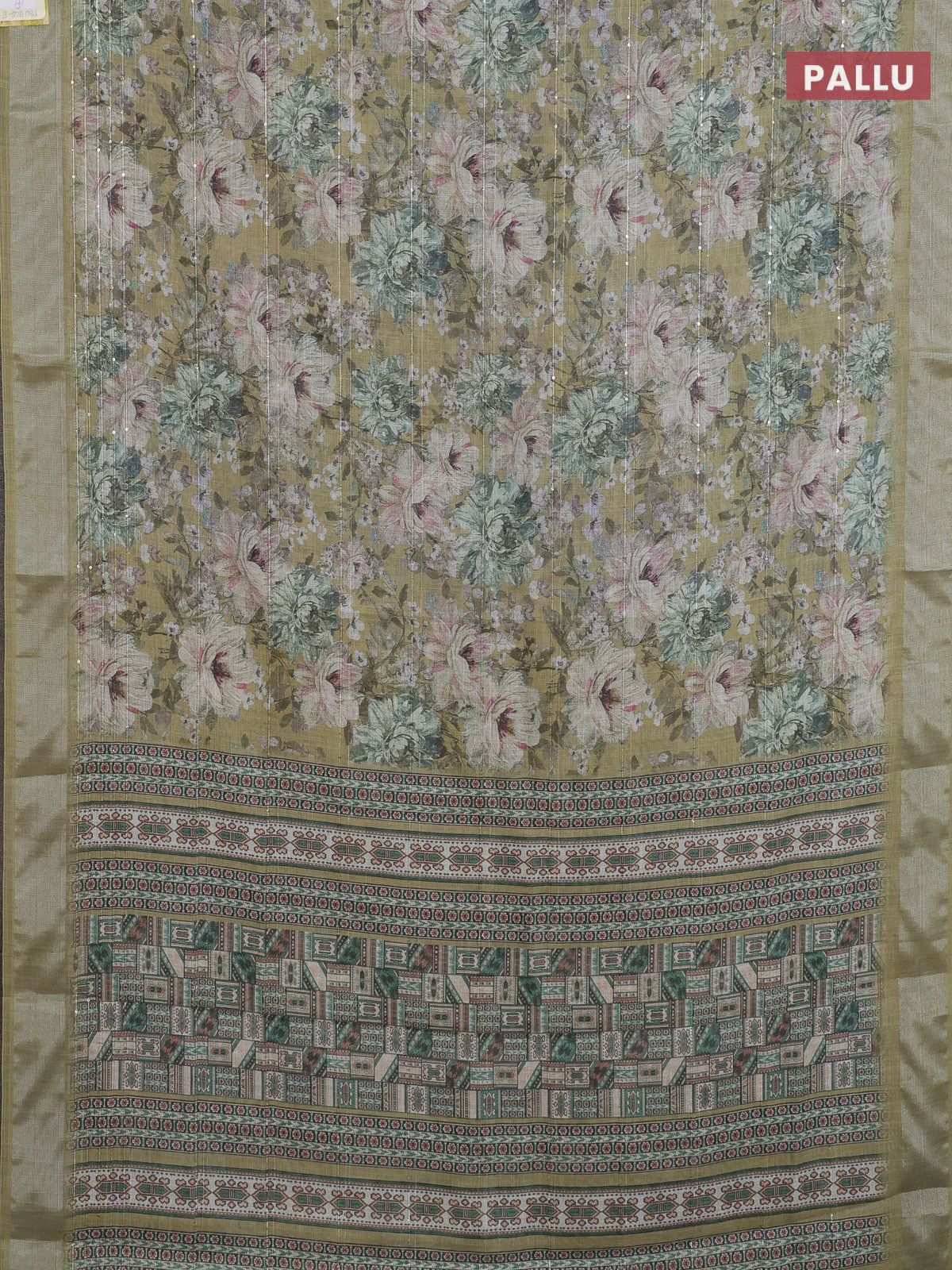 Linen cotton saree mehendi green with floral prints & sequin work and silver zari woven border - Image 3