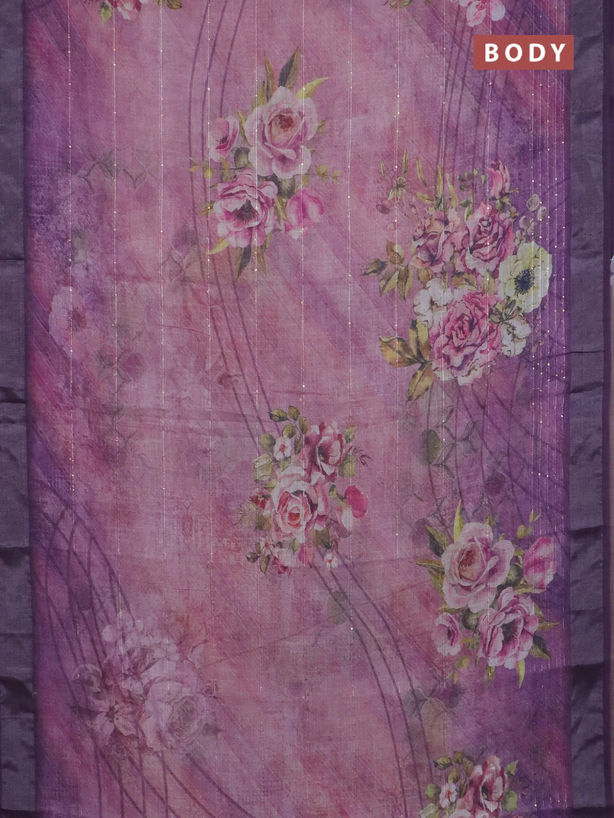 Linen cotton saree mild lavender and violet with allover floral prints & sequin work and silver zari woven border - Image 2