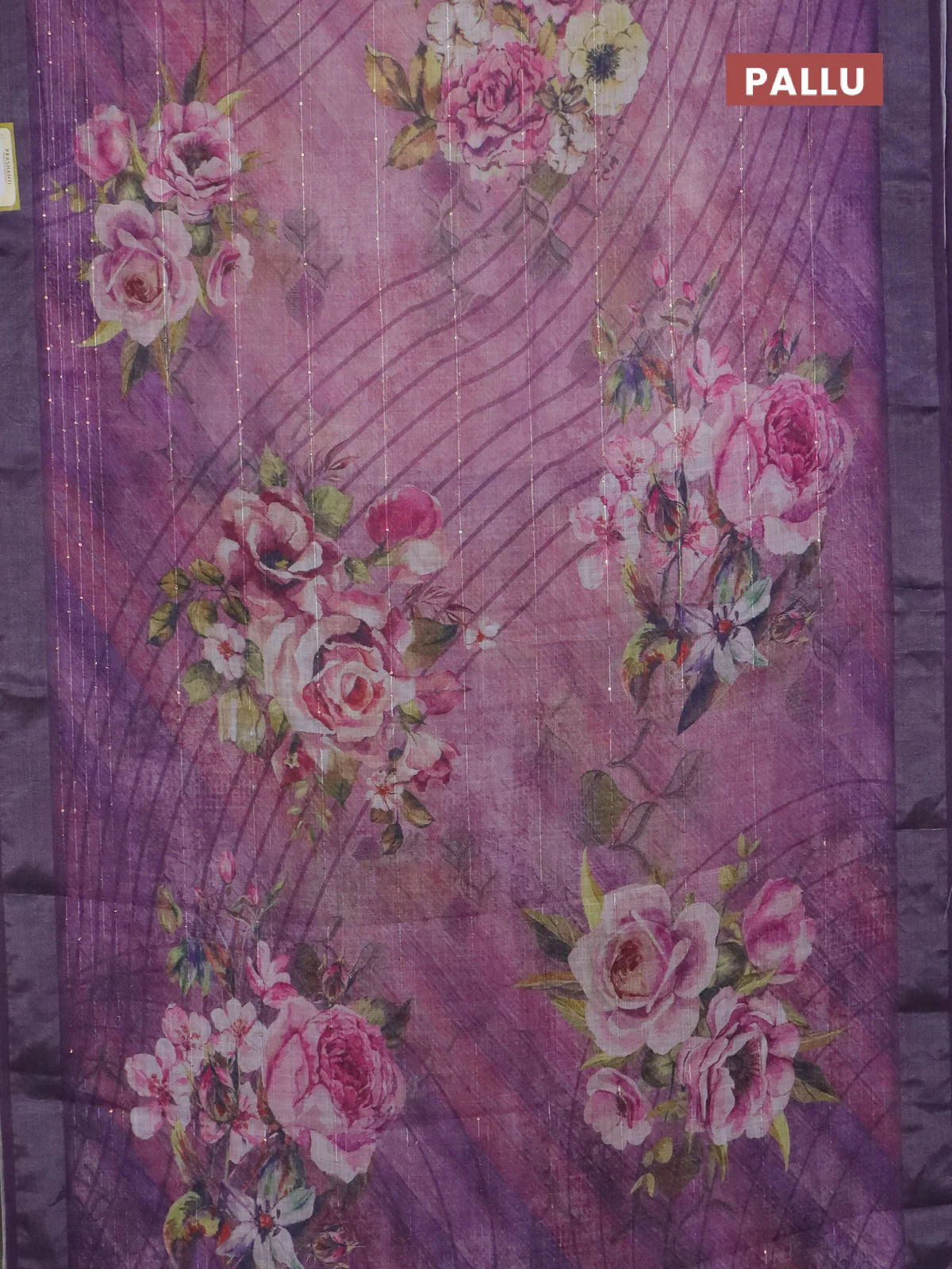 Linen cotton saree mild lavender and violet with allover floral prints & sequin work and silver zari woven border - Image 3