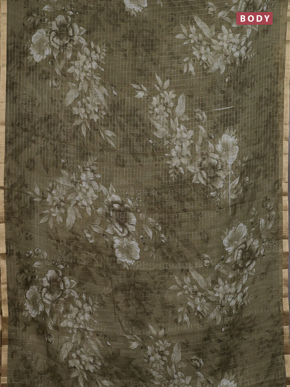 Linen cotton saree military green with allover floral prints & zari checks and zari woven border - Image 2