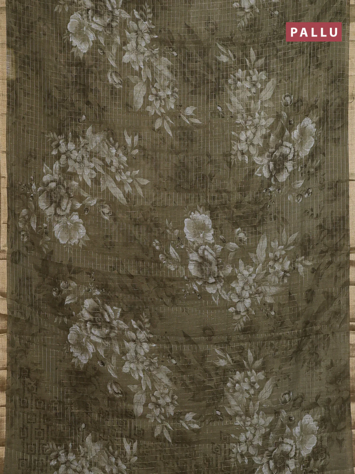 Linen cotton saree military green with allover floral prints & zari checks and zari woven border - Image 3