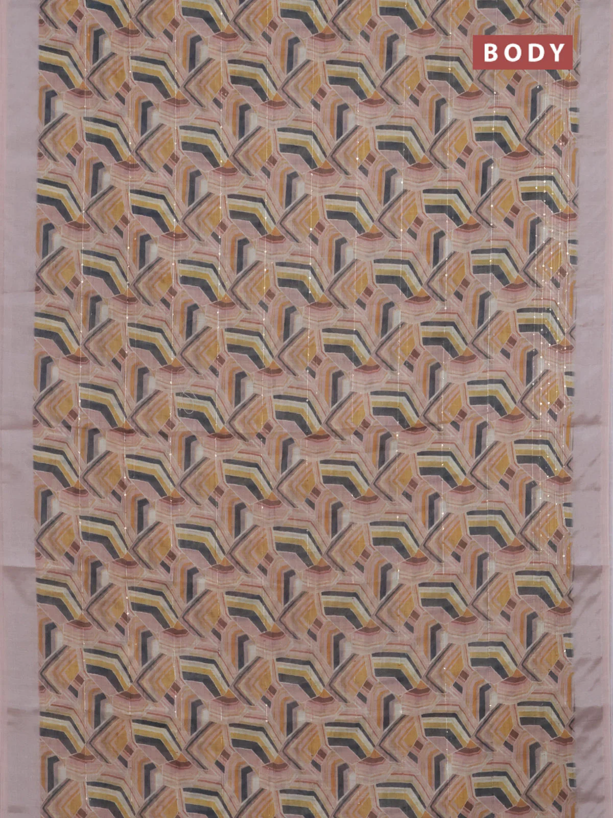 Linen cotton saree multi colour and peach shade with allover geometric prints & sequin work and silver zari woven border - Image 2