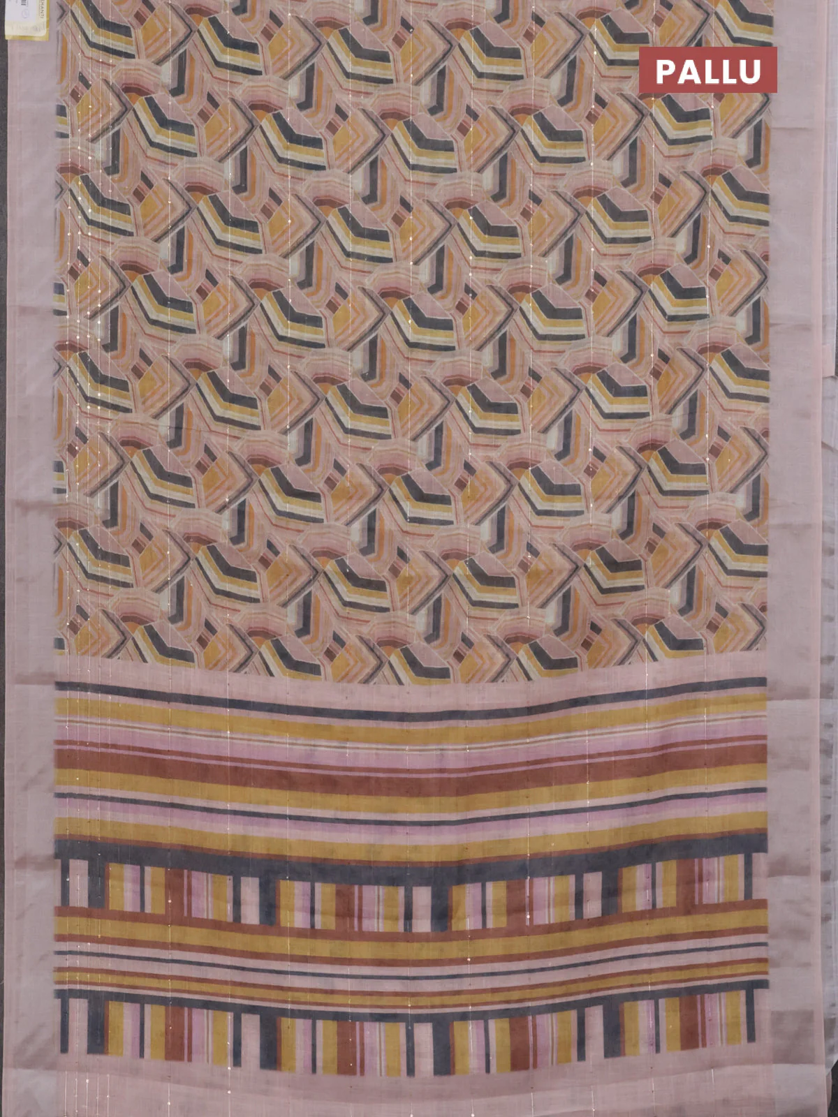 Linen cotton saree multi colour and peach shade with allover geometric prints & sequin work and silver zari woven border - Image 3