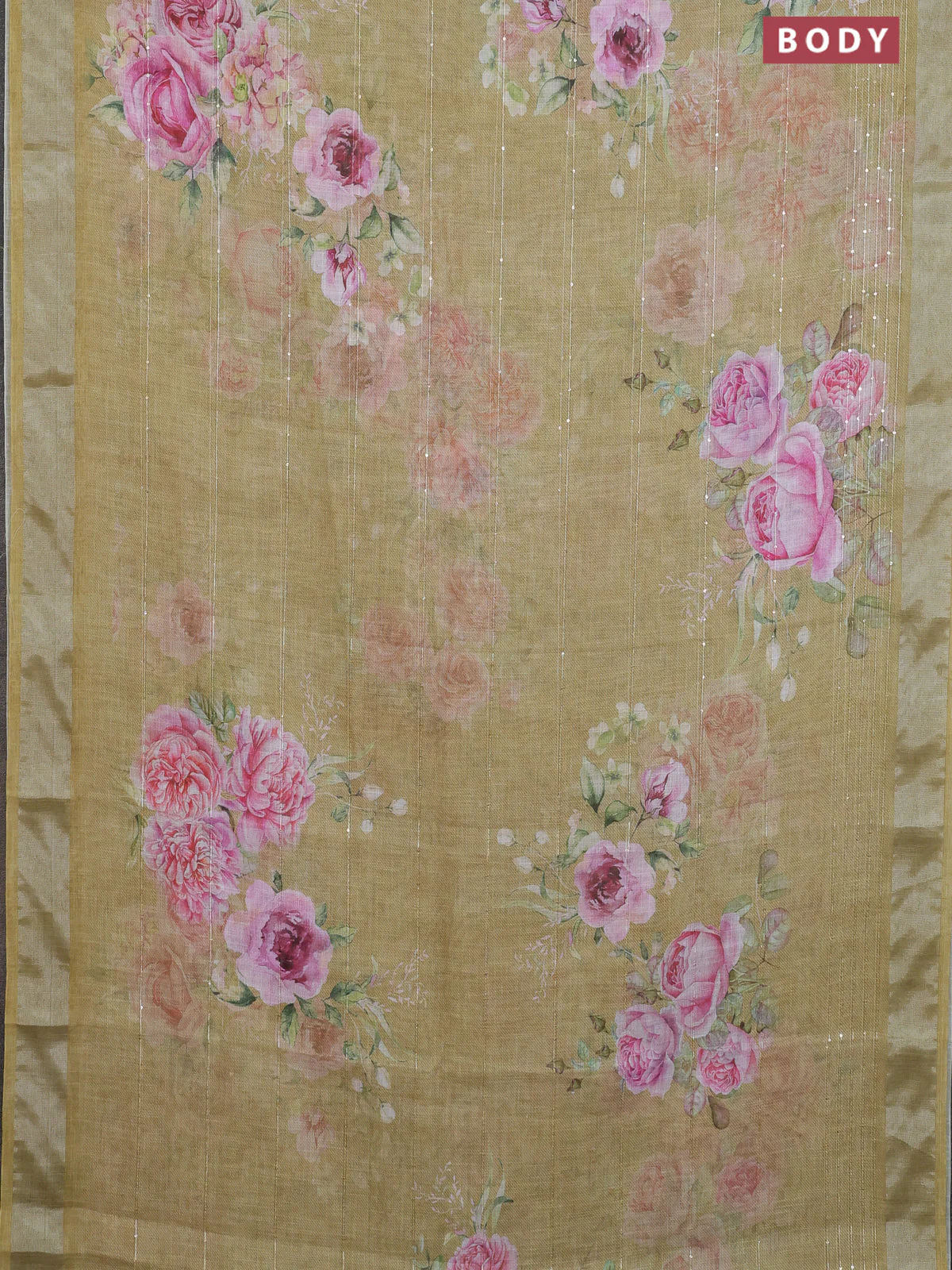 Linen cotton saree mustard shade with floral prints & sequin work and silver zari woven border - Image 2