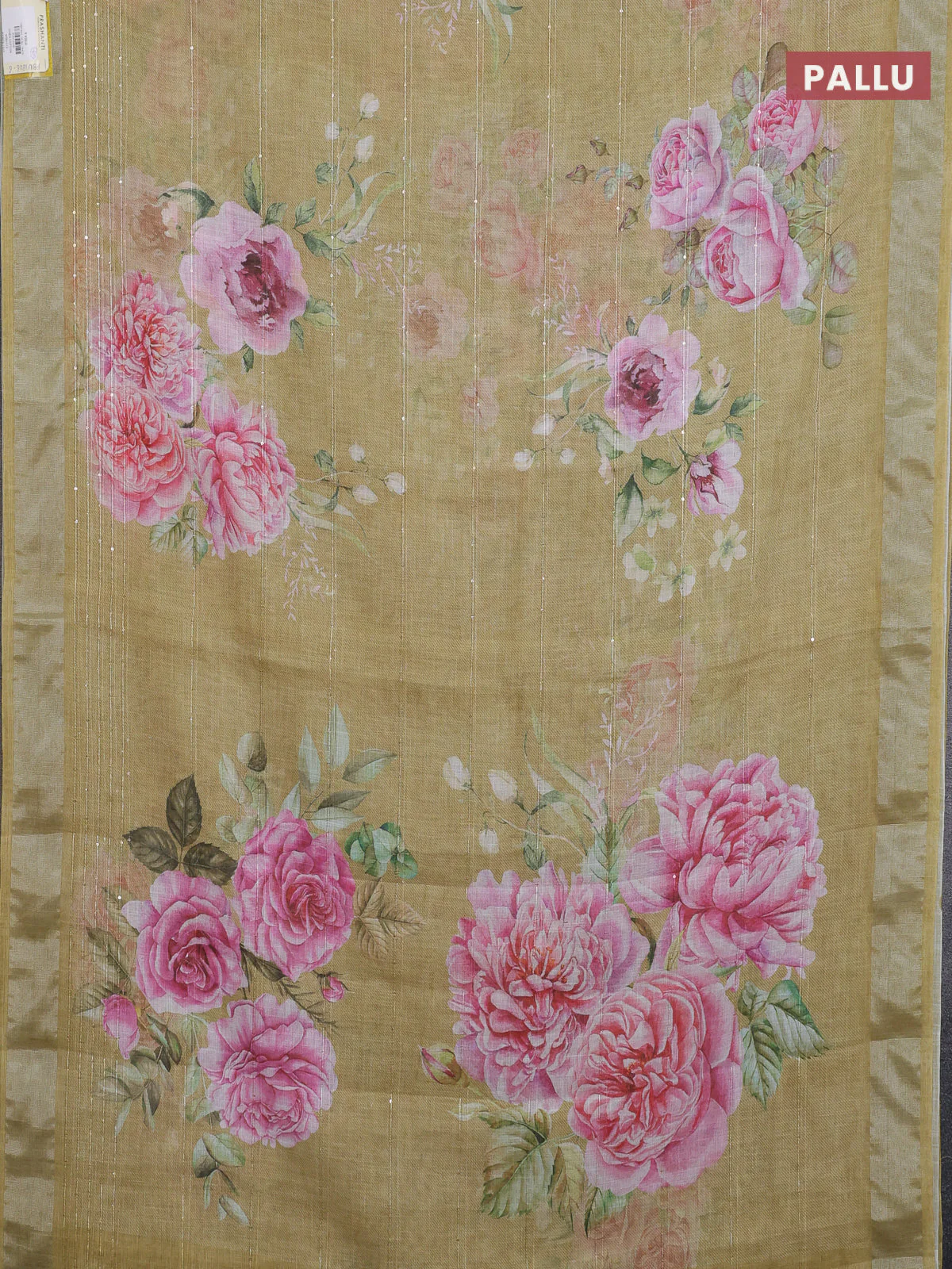 Linen cotton saree mustard shade with floral prints & sequin work and silver zari woven border - Image 3