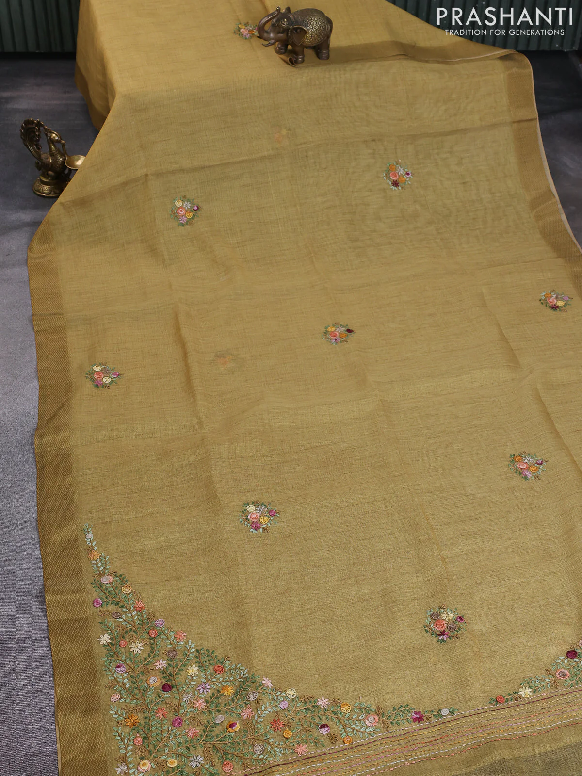 Linen cotton saree mustard shade with kantha stitch work and printed border - Image 2