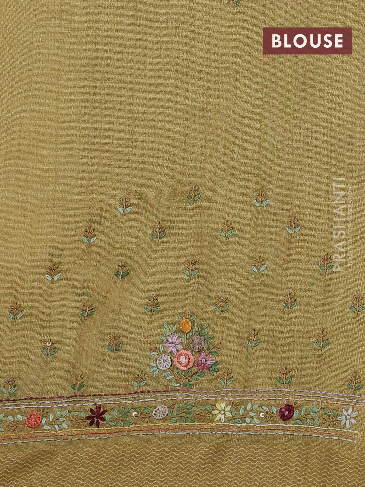 Linen cotton saree mustard shade with kantha stitch work and printed border - Image 3